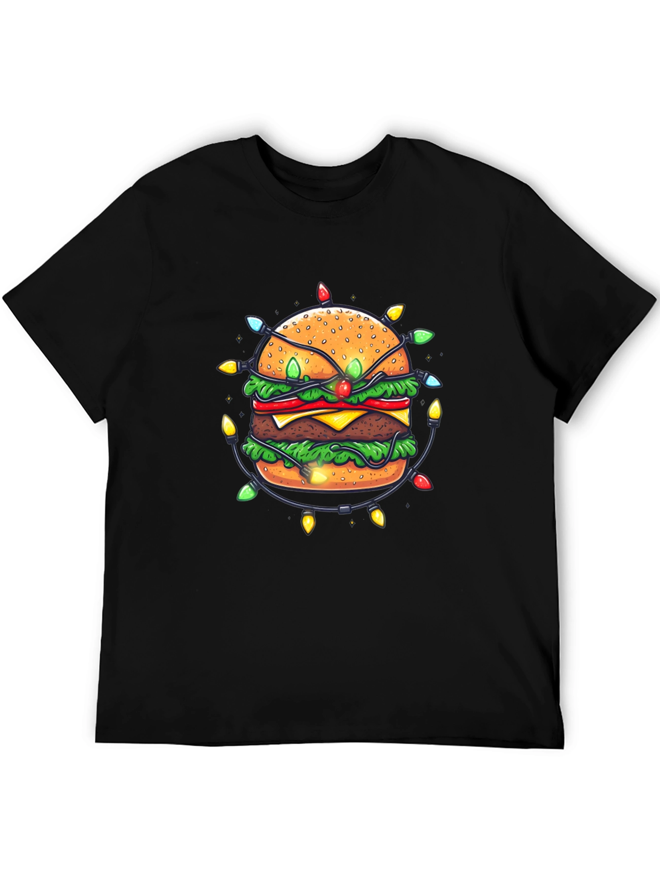 Festive Burger Graphic Tee - Holiday Lights Design
