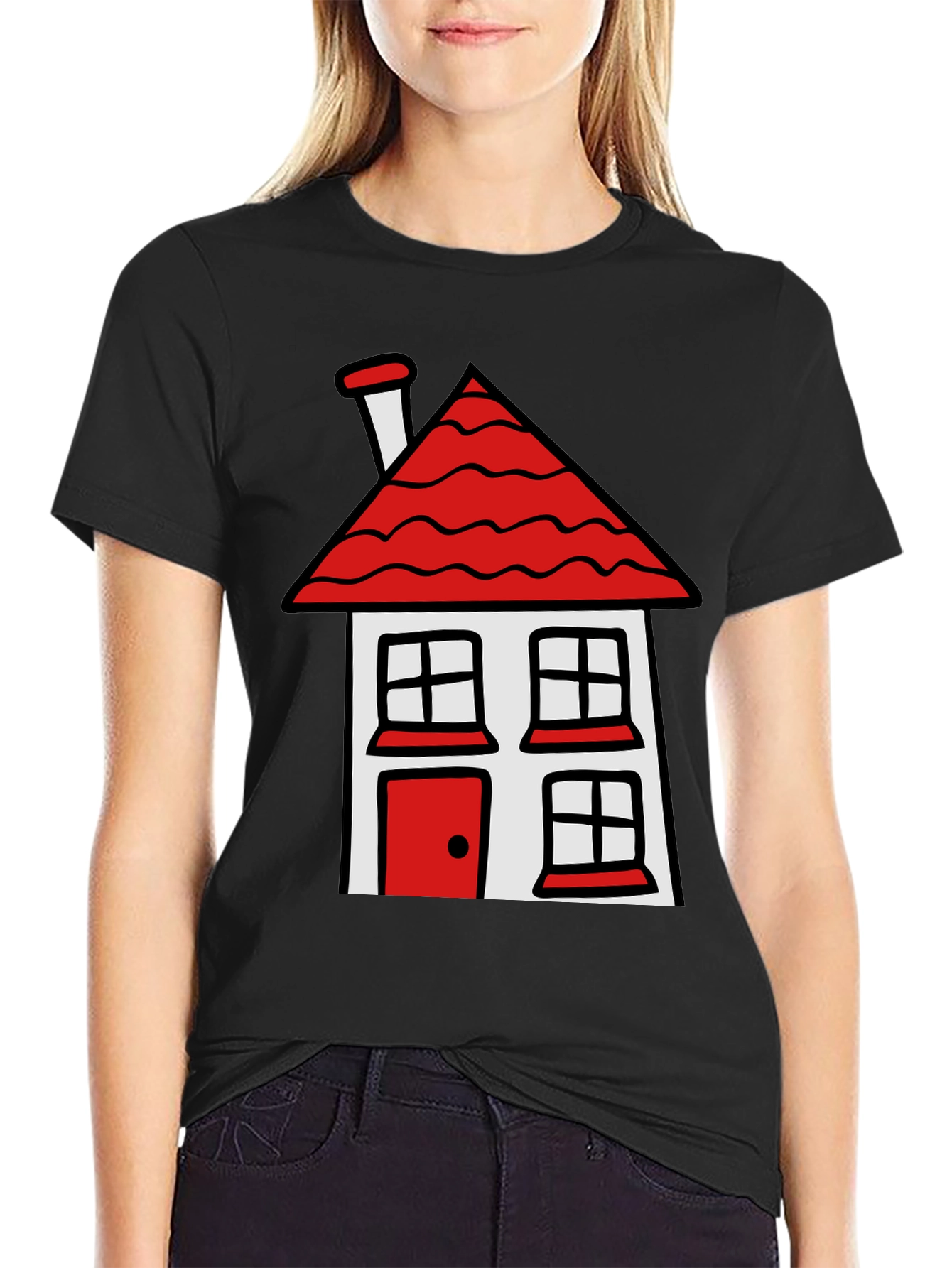Cartoon House T-Shirt - Black Cotton Tee