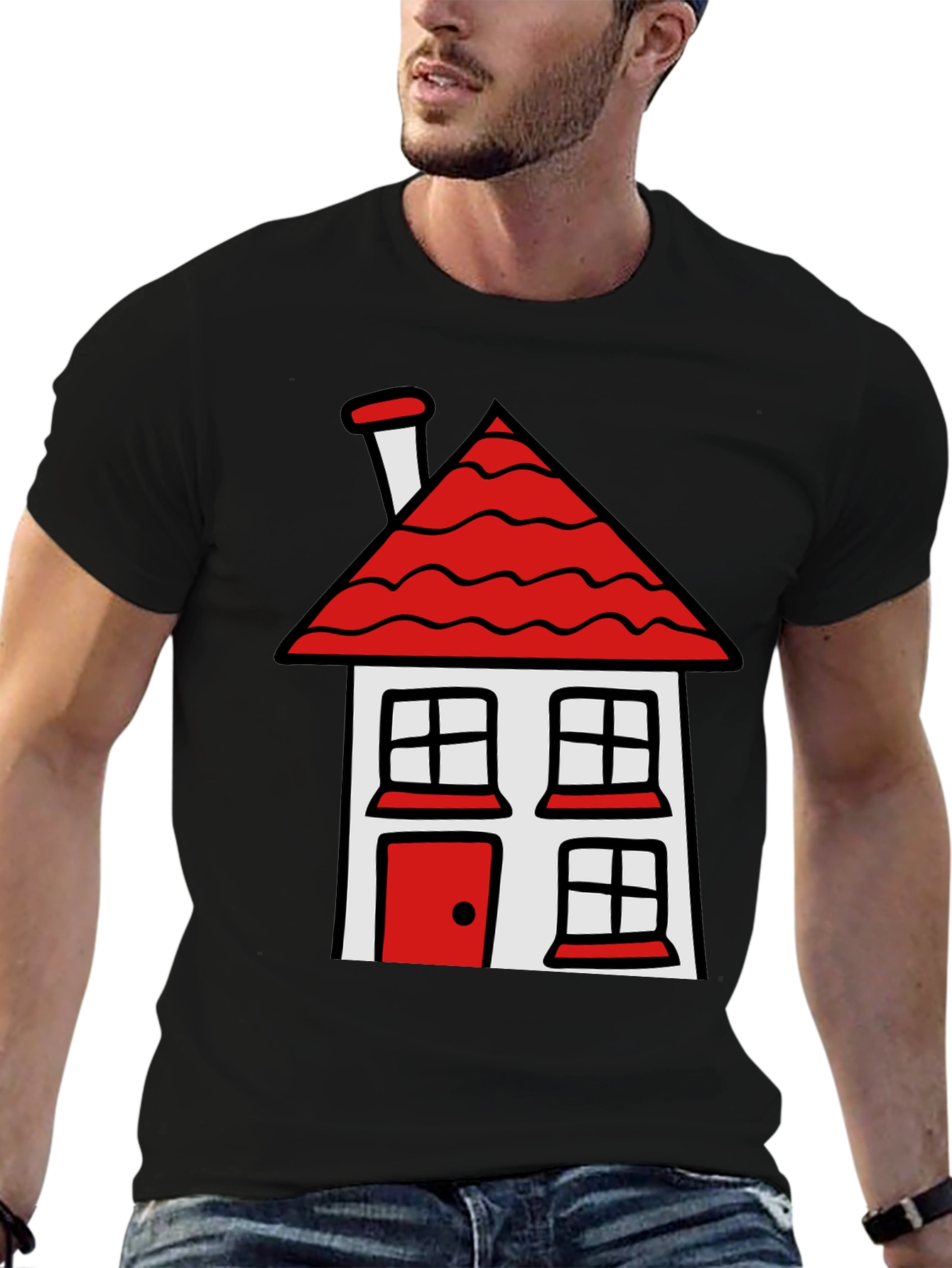 Cartoon House T-Shirt - Black Cotton Tee
