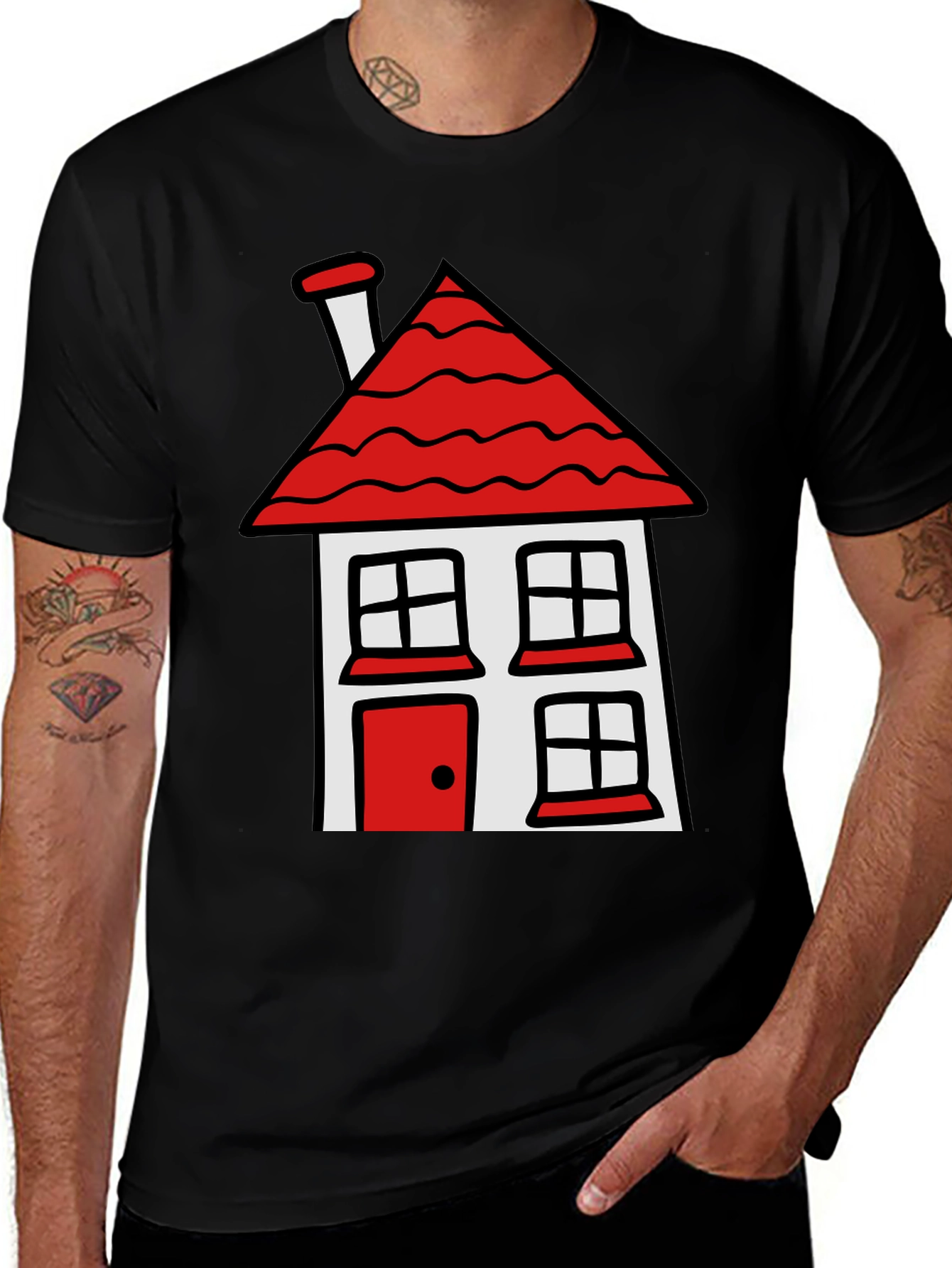 Cartoon House T-Shirt - Black Cotton Tee
