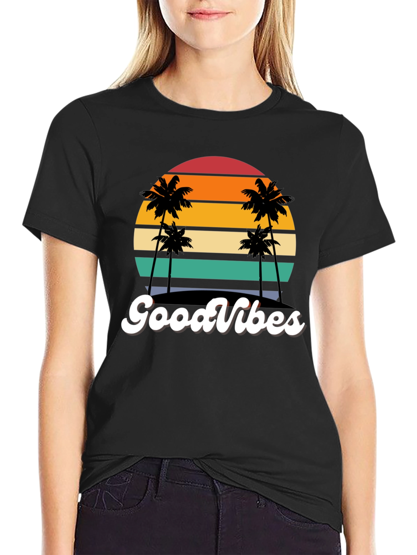 Retro Sunset Palm Tee - Good Vibes Only!