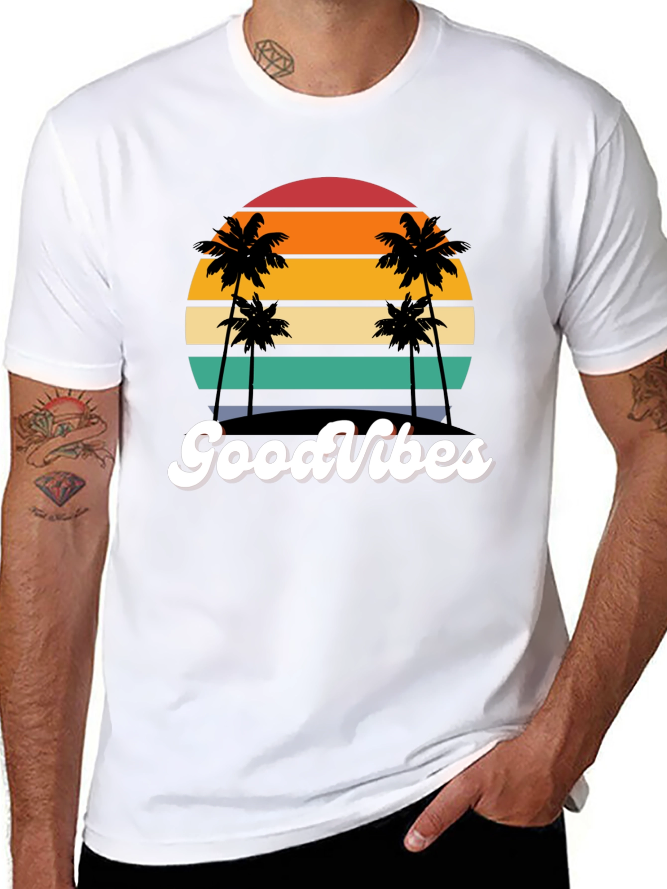 Retro Sunset Palm Tee - Good Vibes Only!