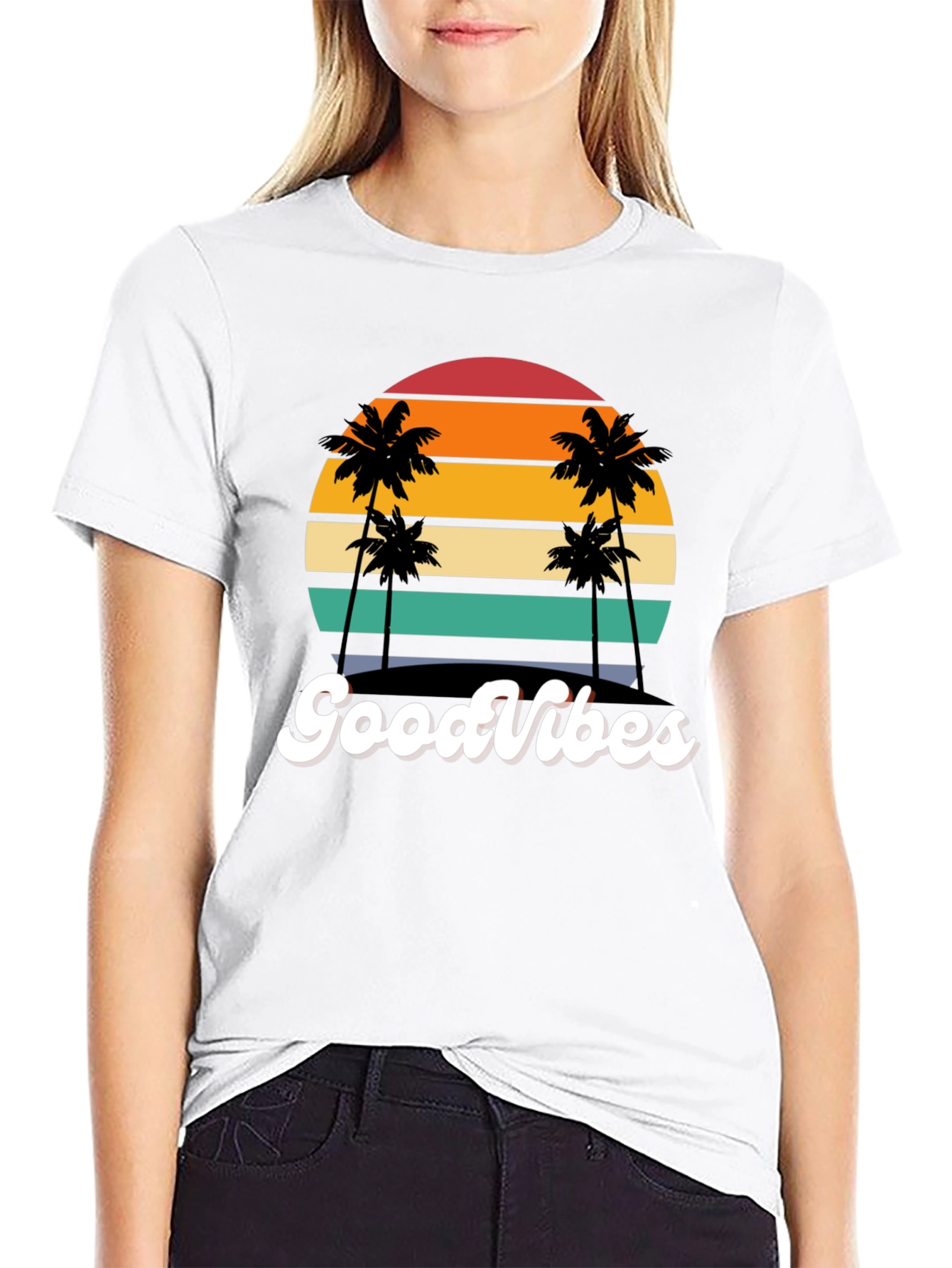 Retro Sunset Palm Tee - Good Vibes Only!