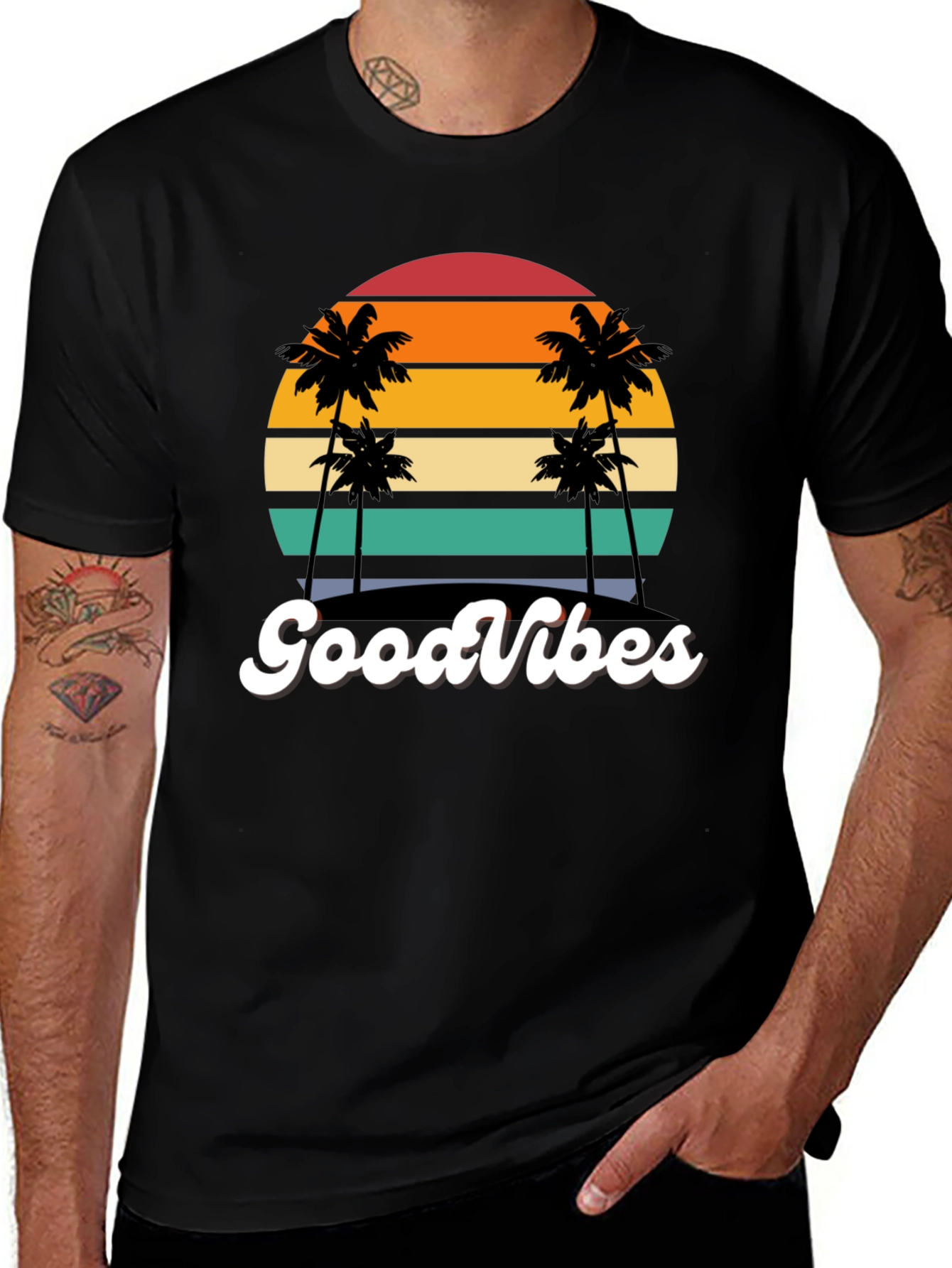 Retro Sunset Palm Tee - Good Vibes Only!