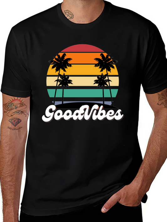 Retro Sunset Palm Tee - Good Vibes Only!