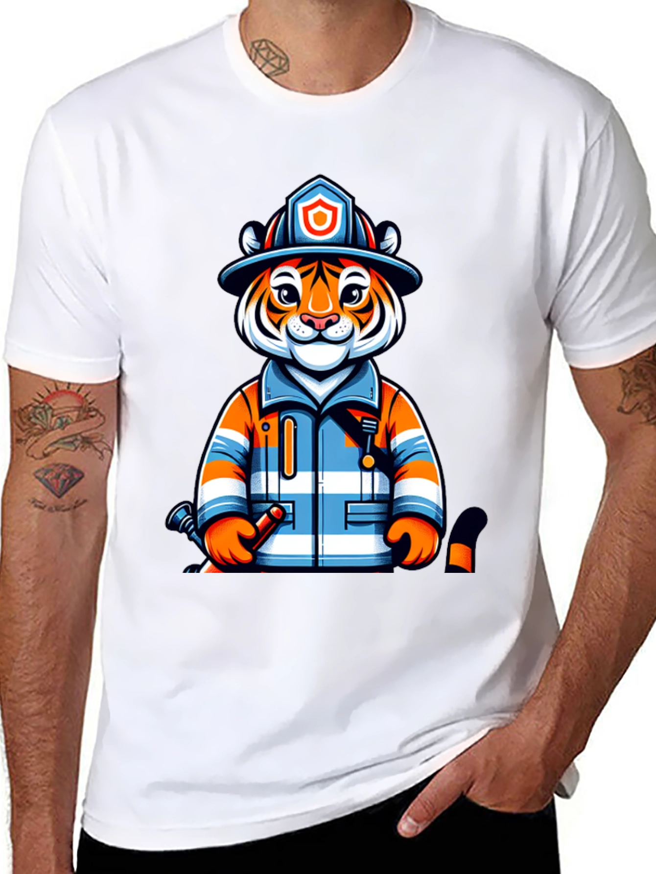 Tiger Firefighter Graphic Tee - Novelty Animal Shirt