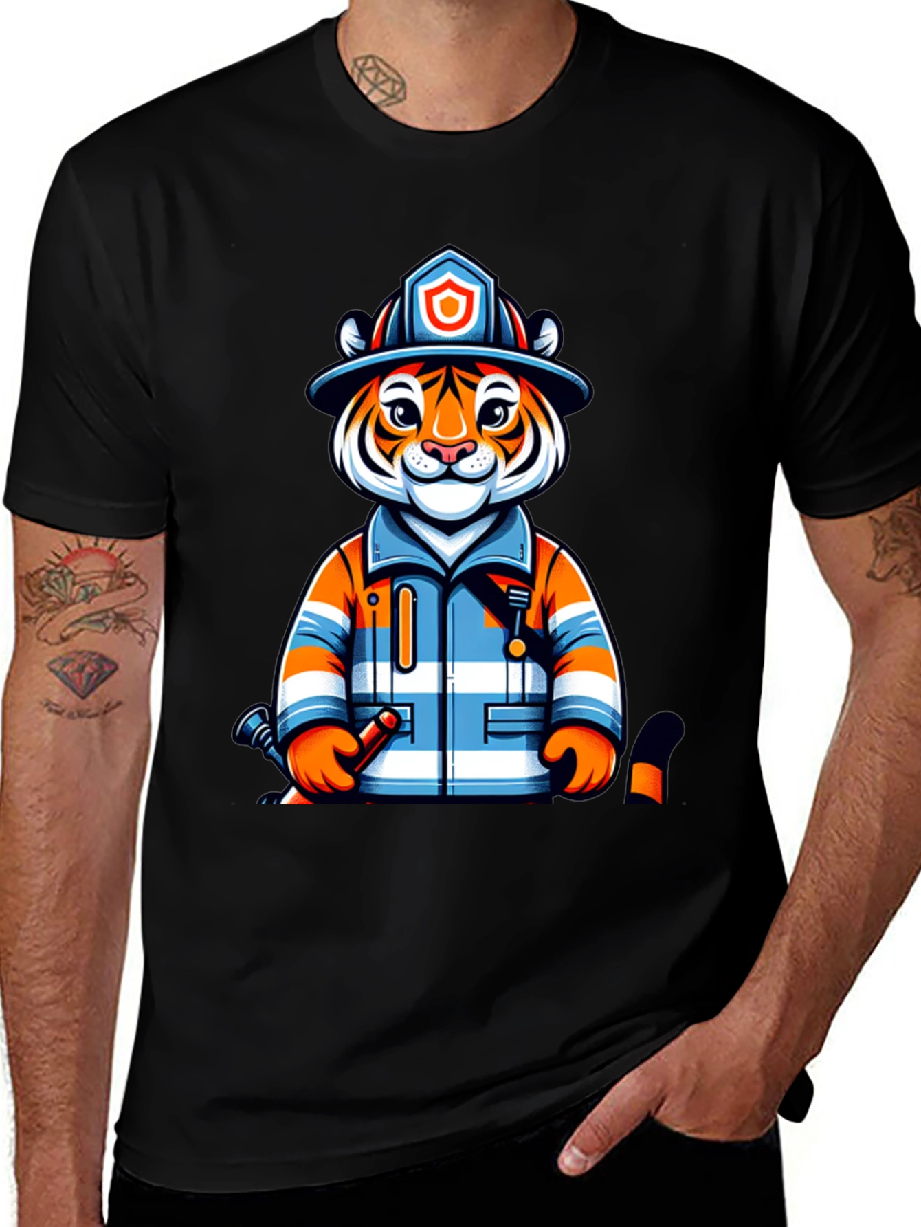 Tiger Firefighter Graphic Tee - Novelty Animal Shirt