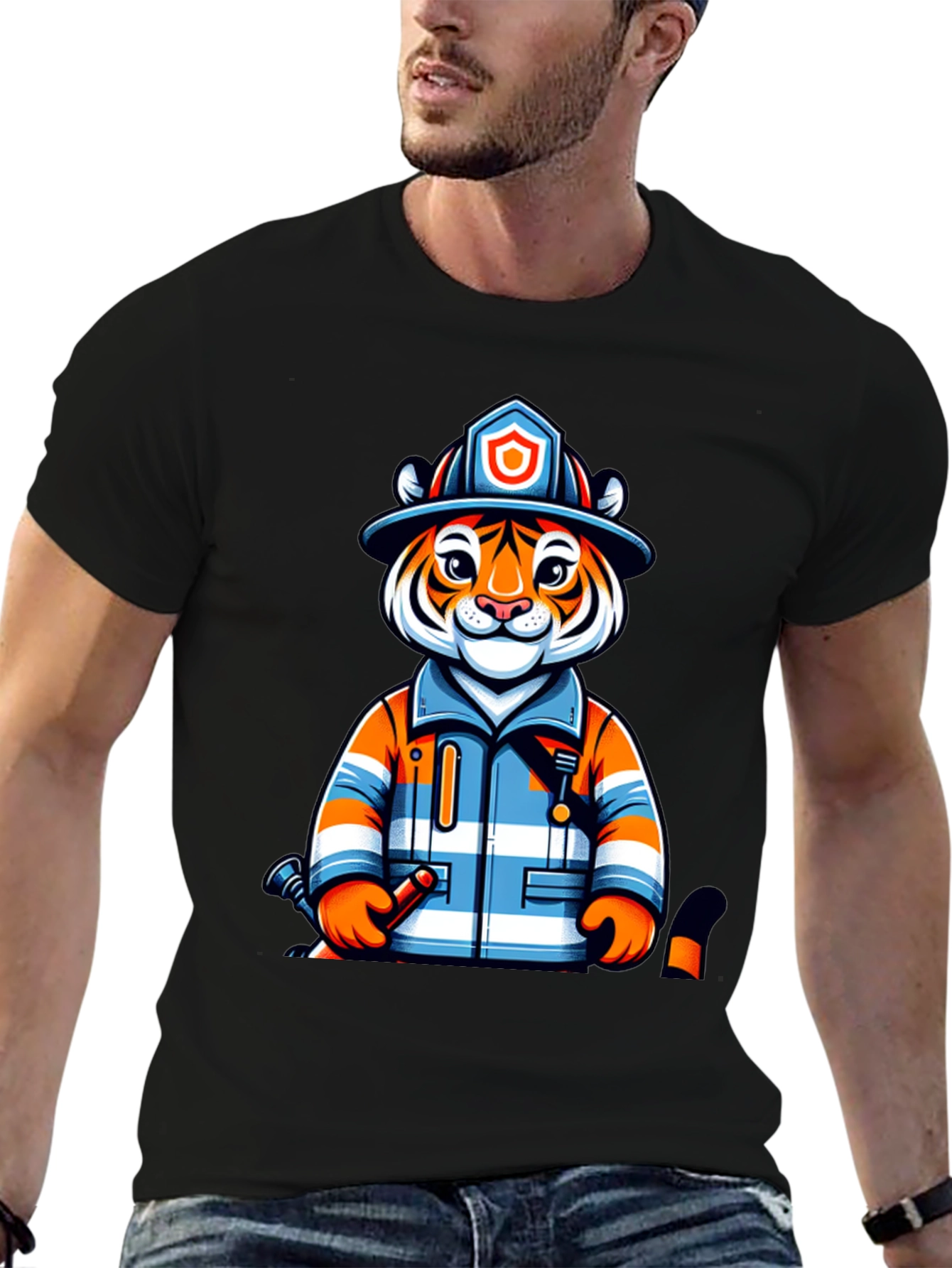 Tiger Firefighter Graphic Tee - Novelty Animal Shirt