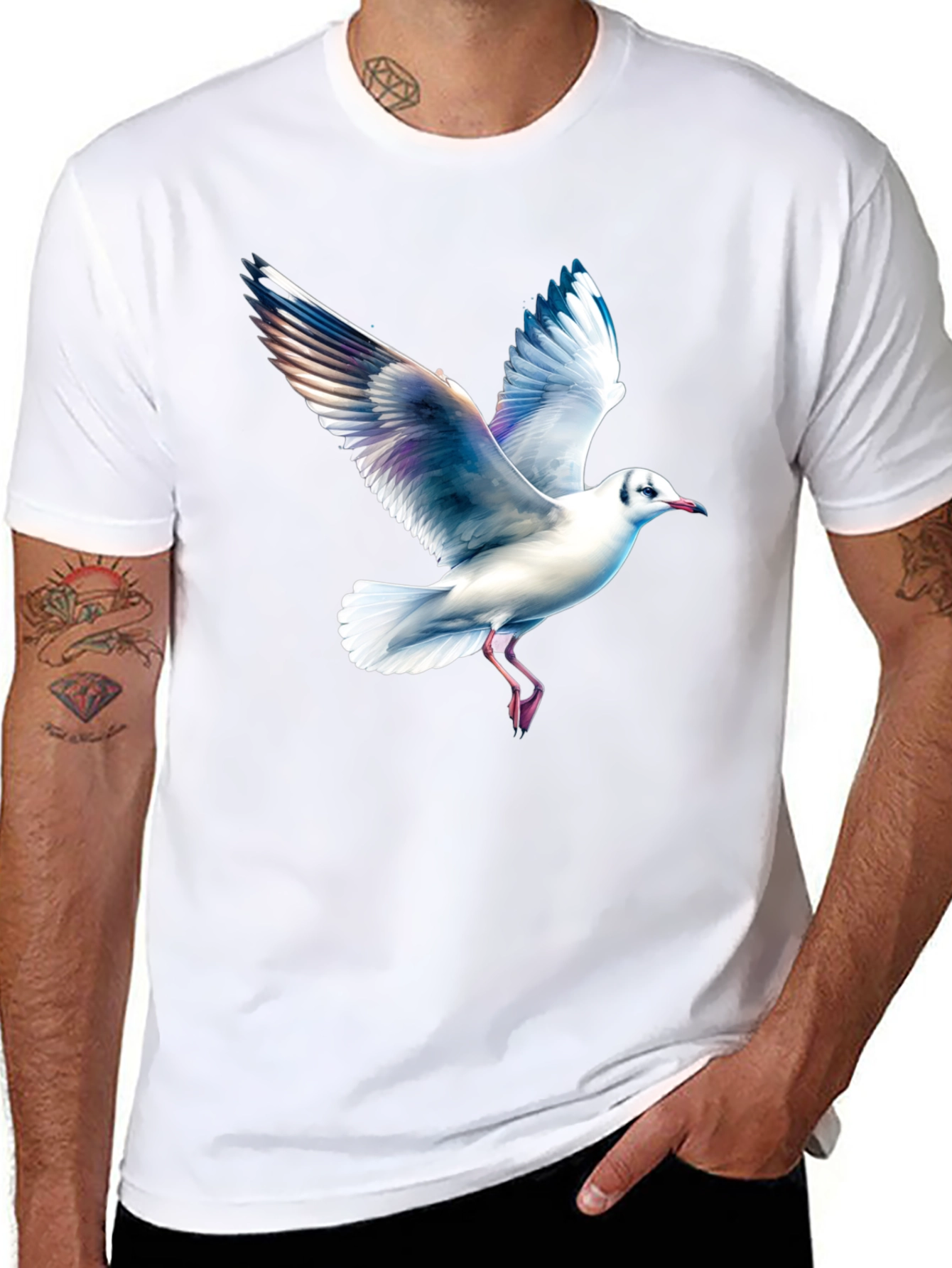 Black T-Shirt with Seagull Print