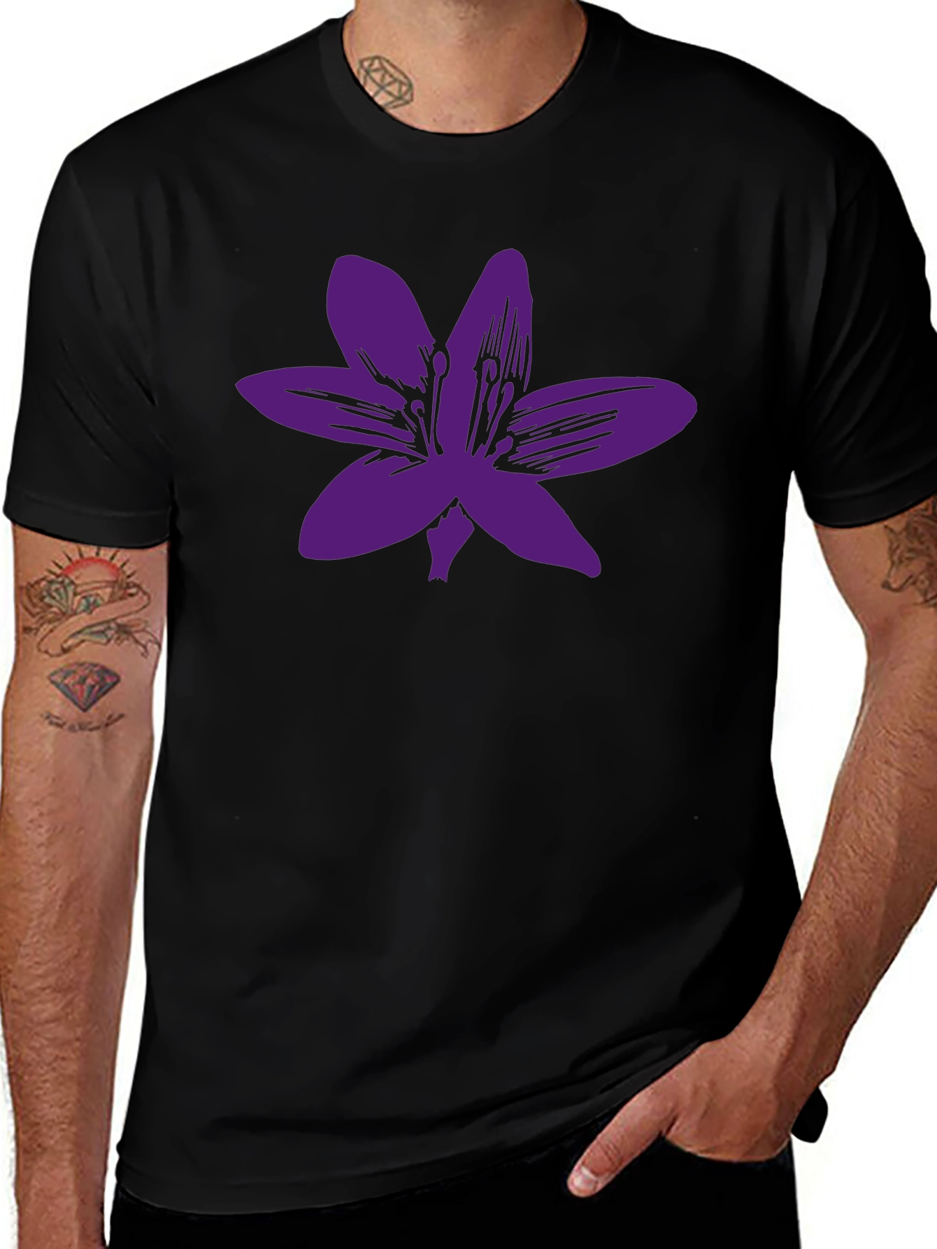 Black T-Shirt with Purple Flower Graphic