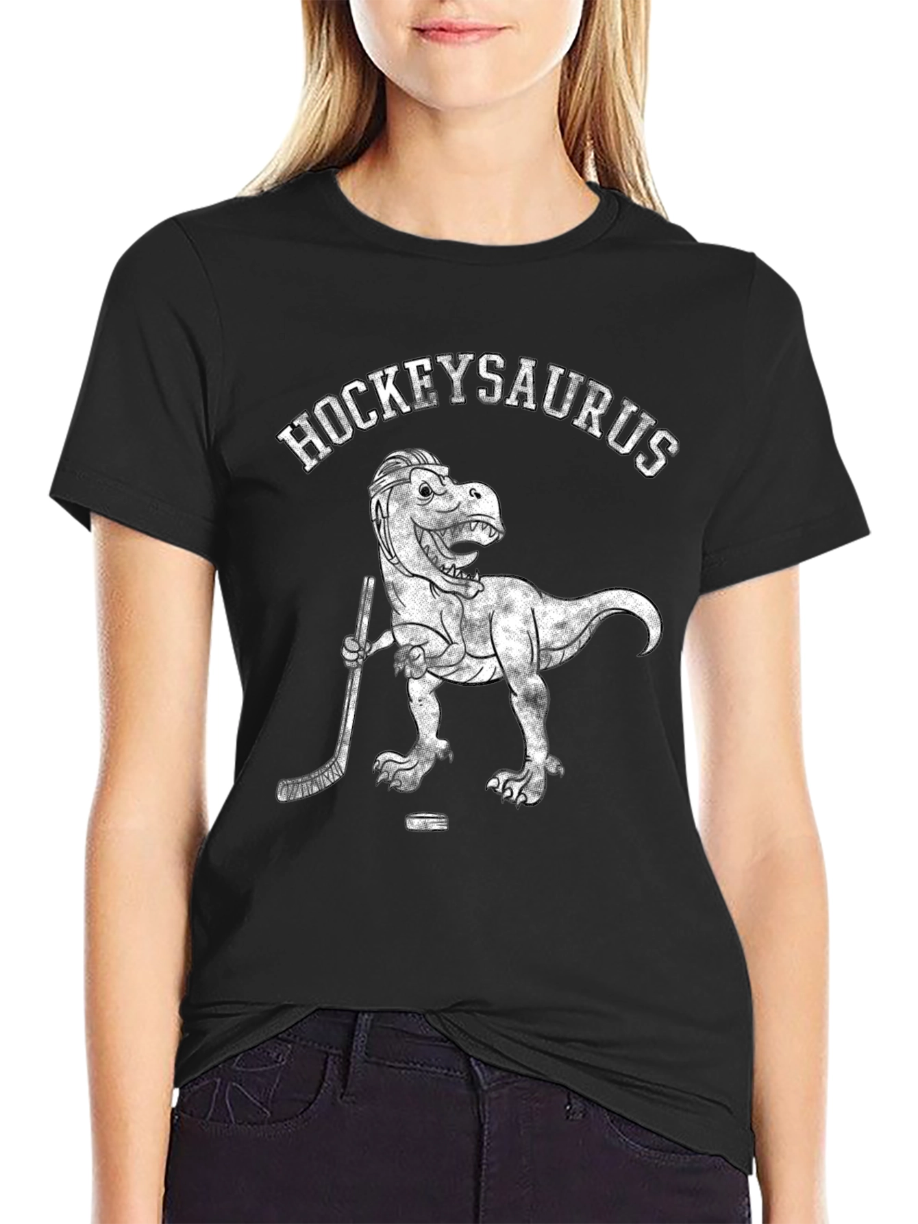 Hockeysaurus T-Rex Hockey Player Black T-Shirt