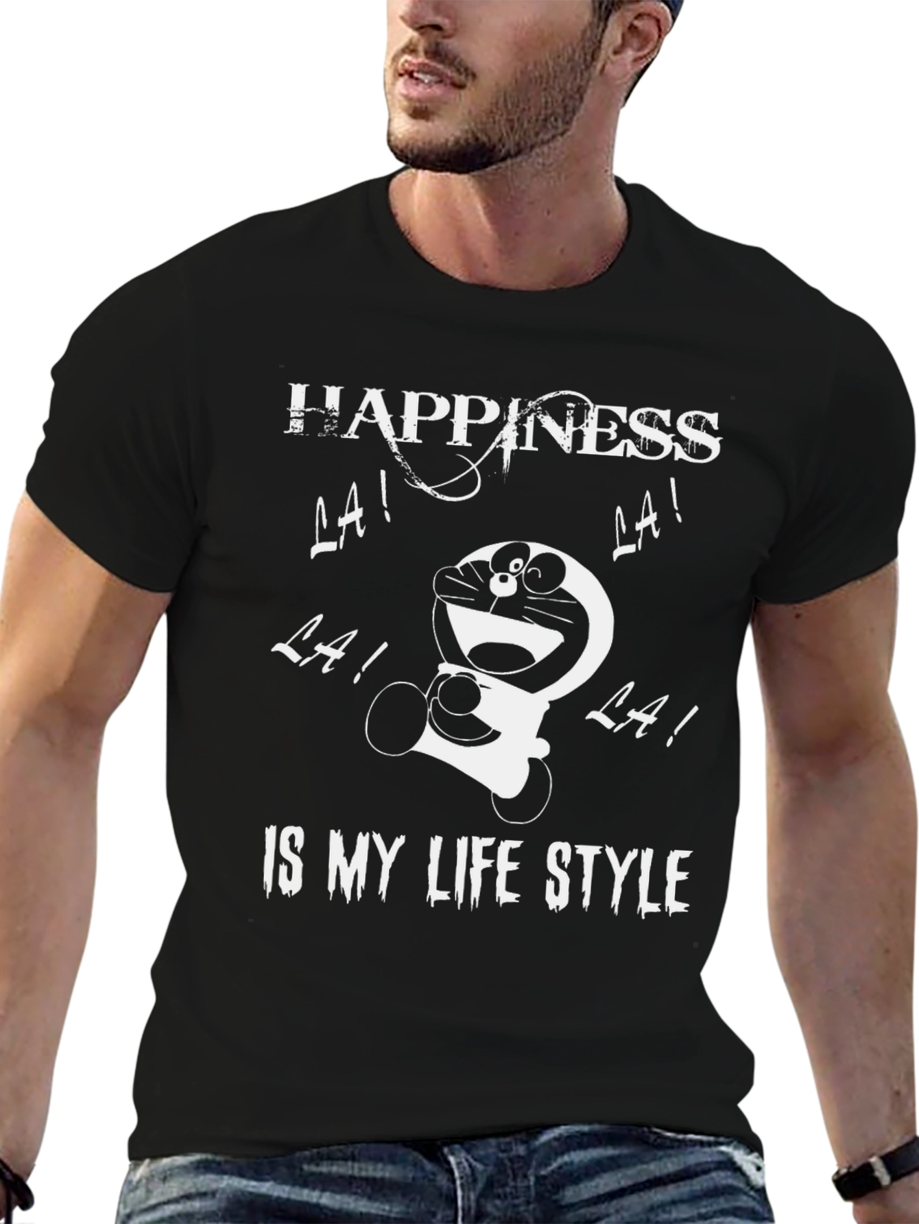 Happiness Doraemon Black Graphic Tee