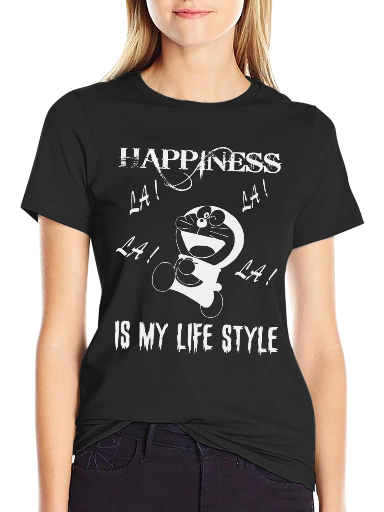 Happiness Doraemon Black Graphic Tee