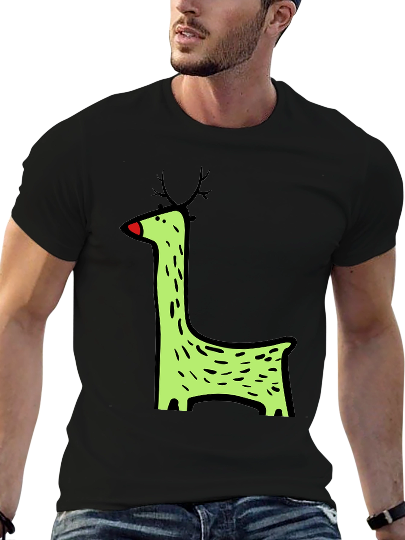 Funky Reindeer Graphic Tee - Black Cotton T-Shirt