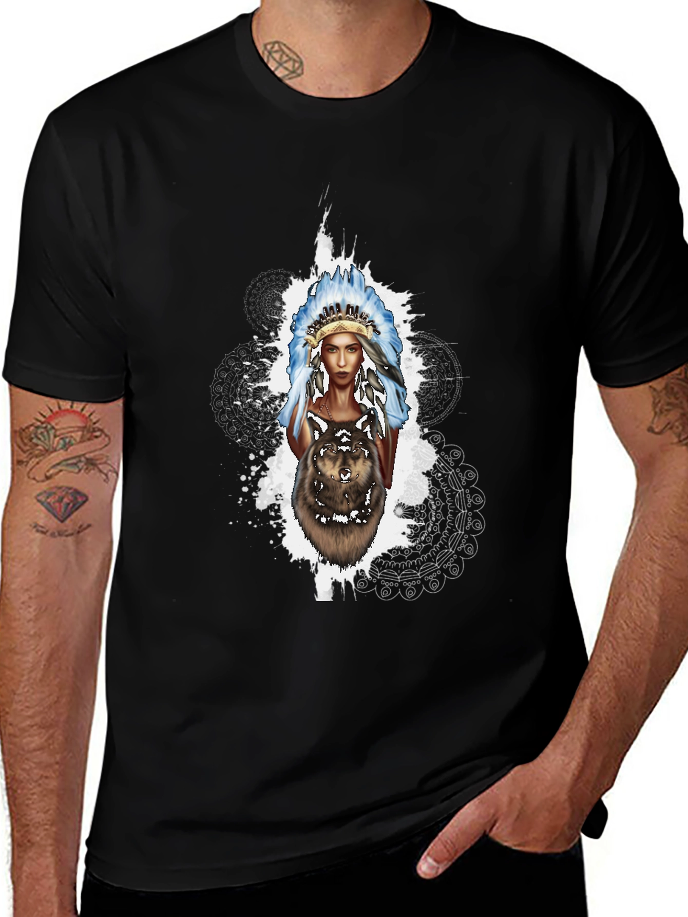 Native American Wolf T-Shirt - Black