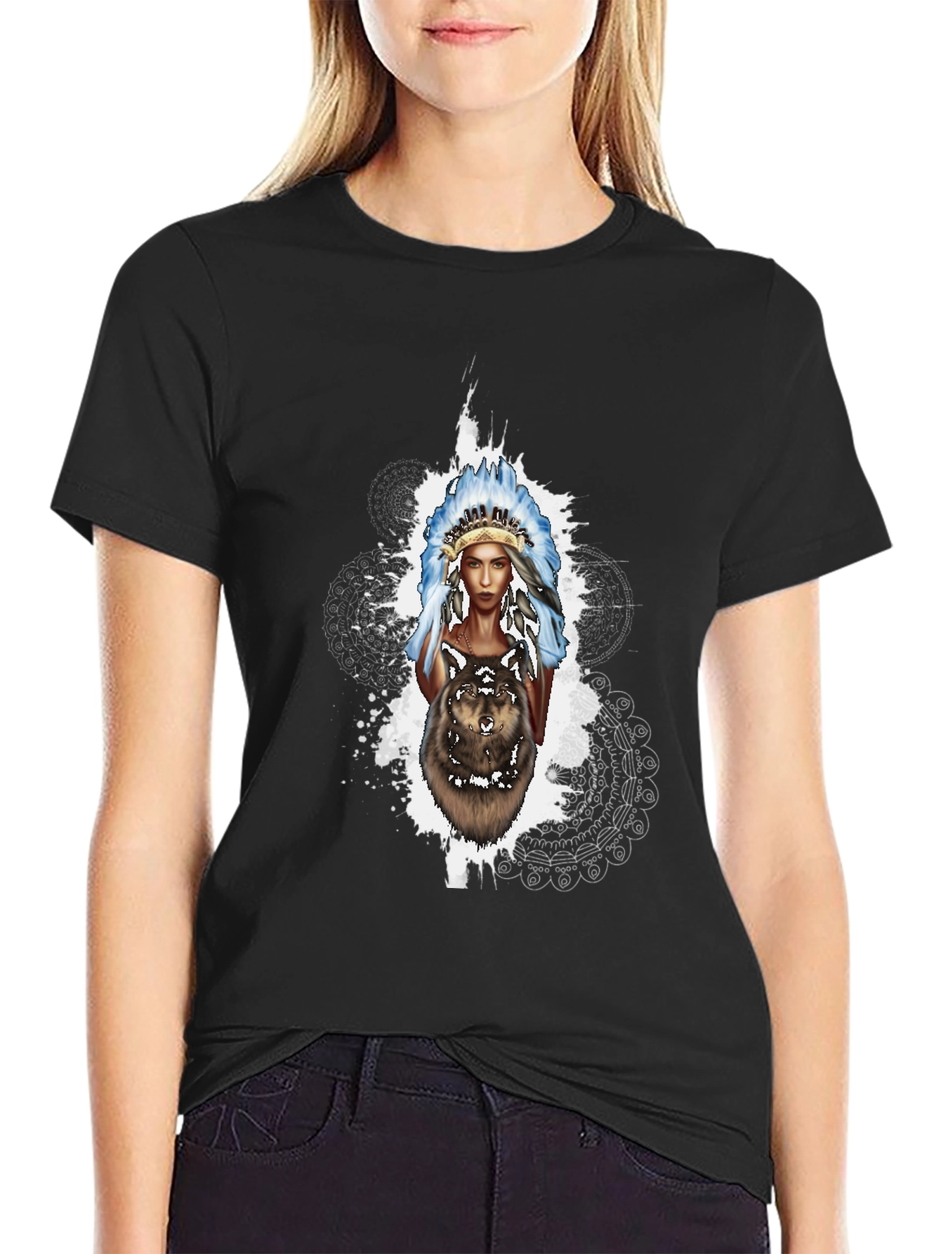 Native American Wolf T-Shirt - Black