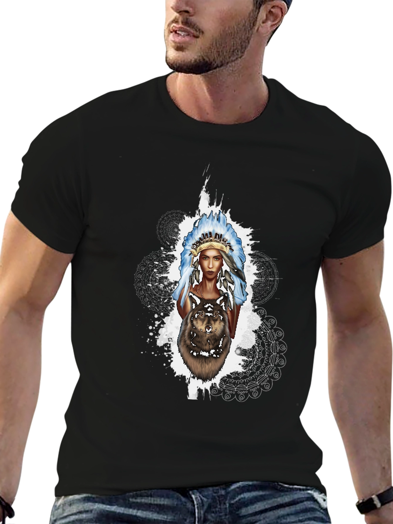 Native American Wolf T-Shirt - Black