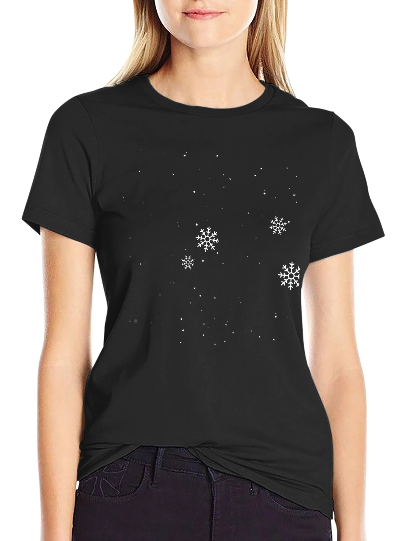 Winter Snowflake Graphic Tee - Black Cotton Blend