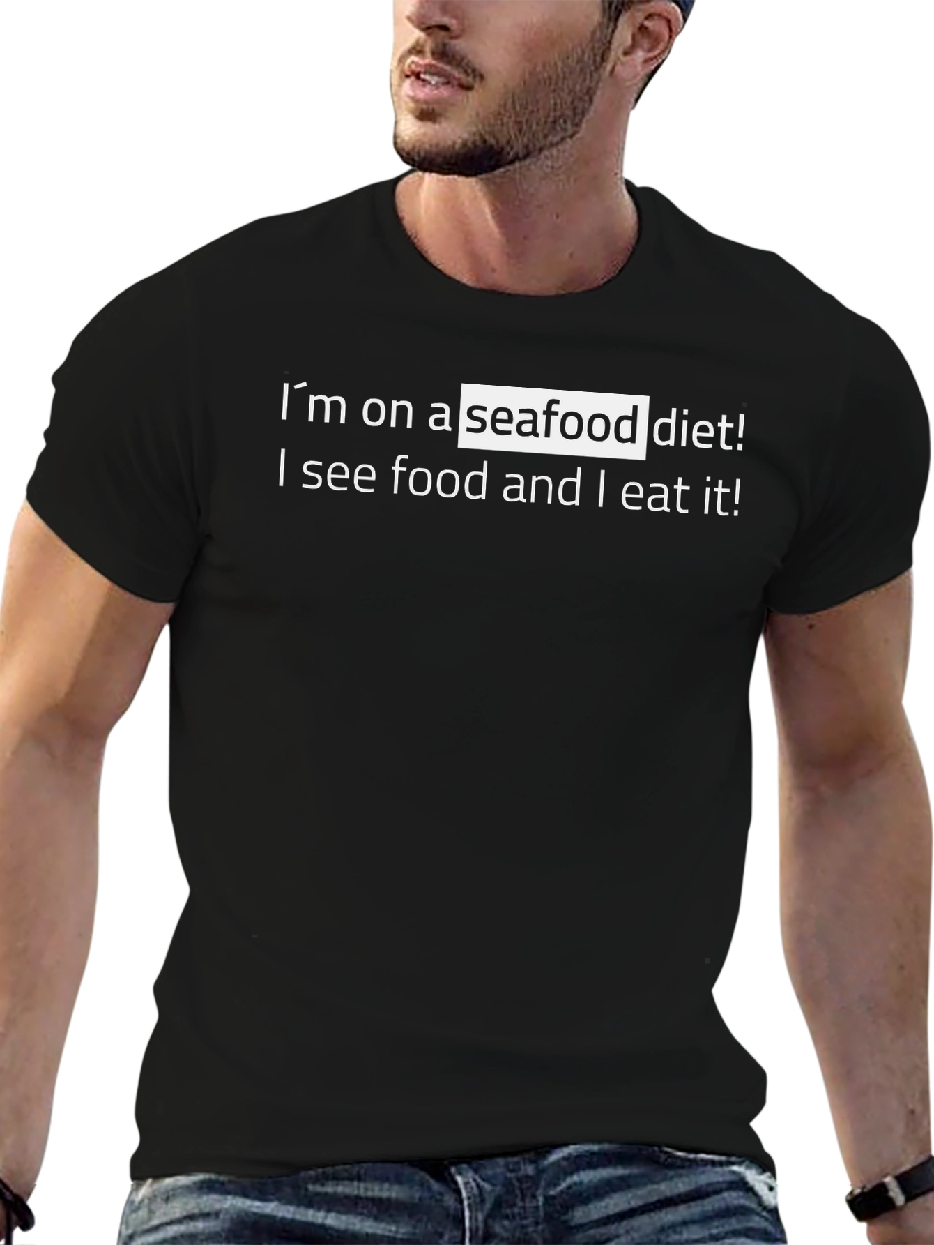 Humorous Seafood Diet Graphic Tee - Black