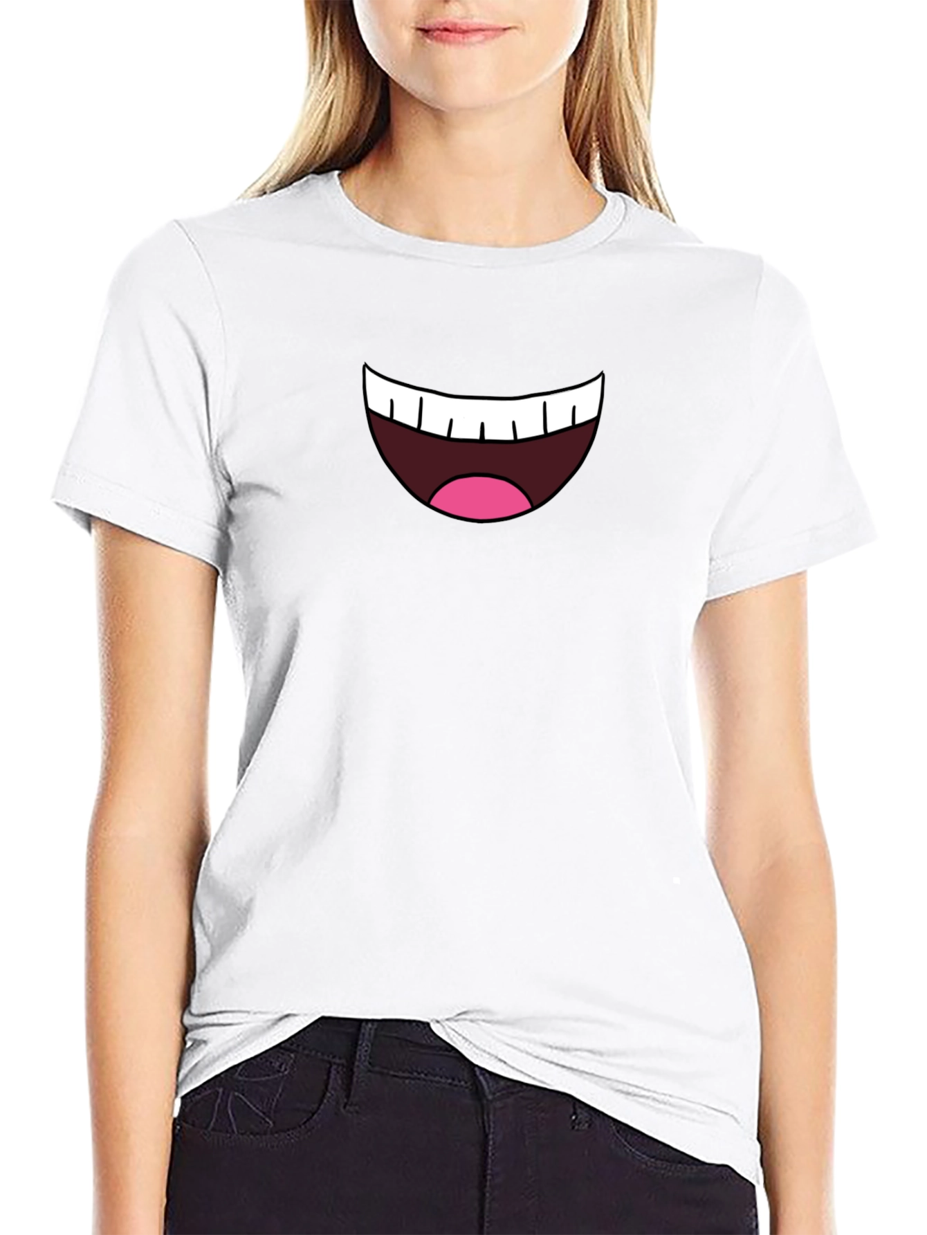 Cartoon Mouth Graphic Tee - Black Cotton Blend