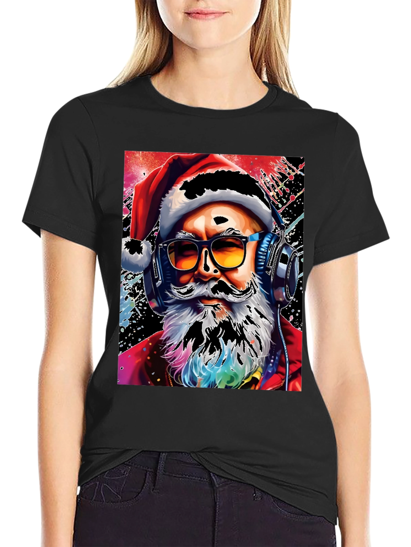 Santa with Headphones Graphic T-Shirt