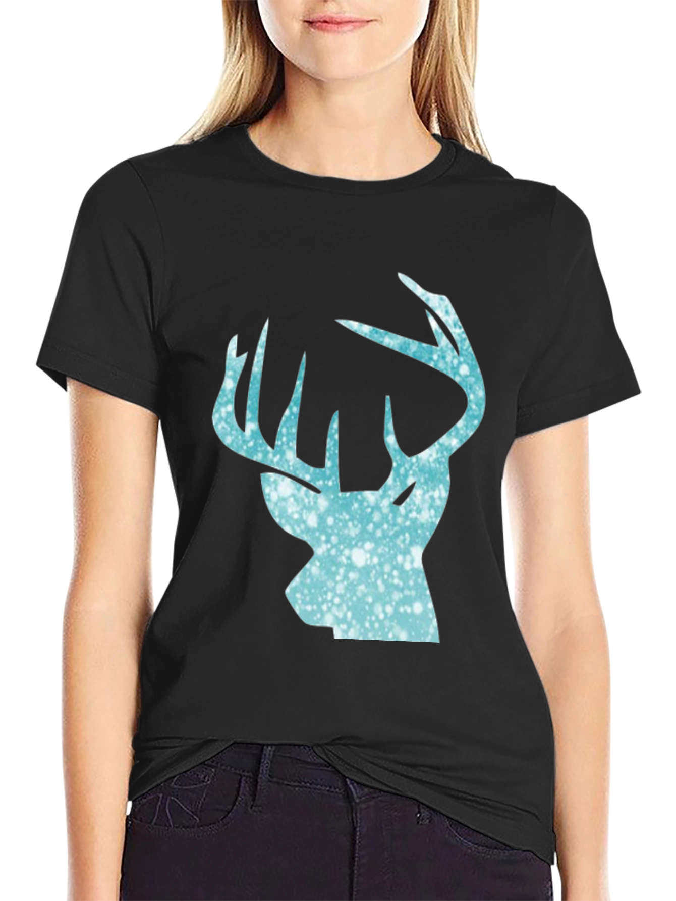 Mens Black T-Shirt with Deer Head Print