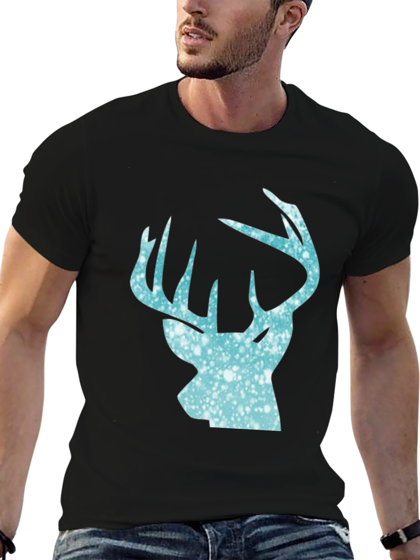 Mens Black T-Shirt with Deer Head Print