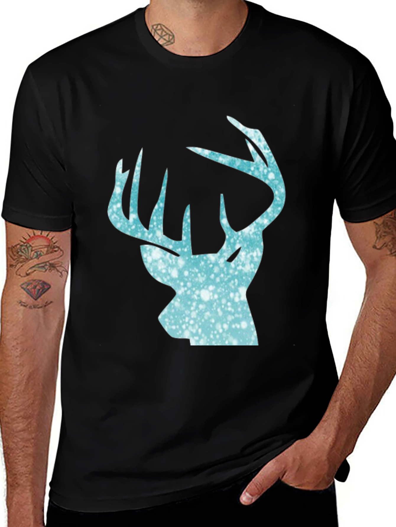 Mens Black T-Shirt with Deer Head Print