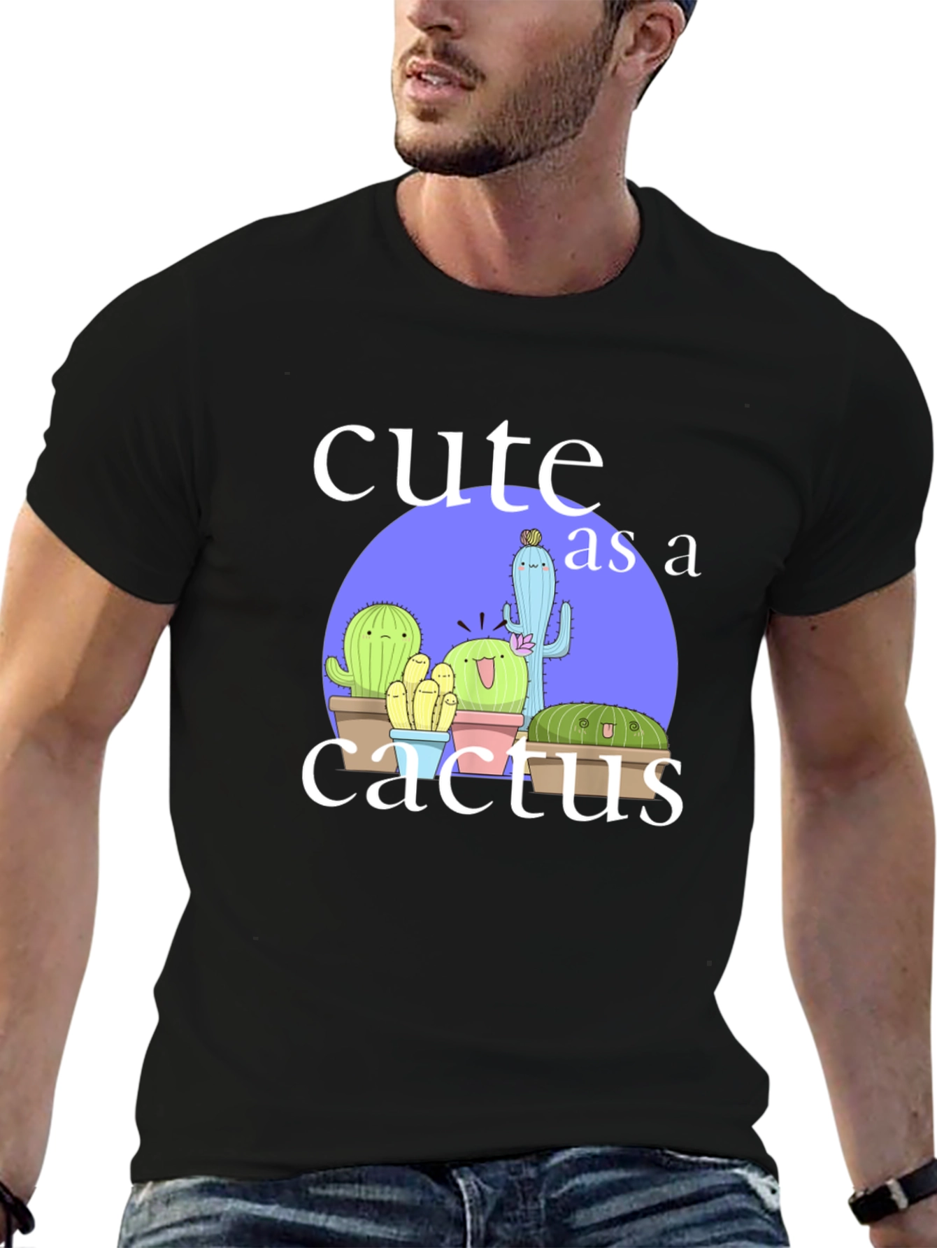 Cute Cactus Graphic Tee - Black Cotton T-Shirt