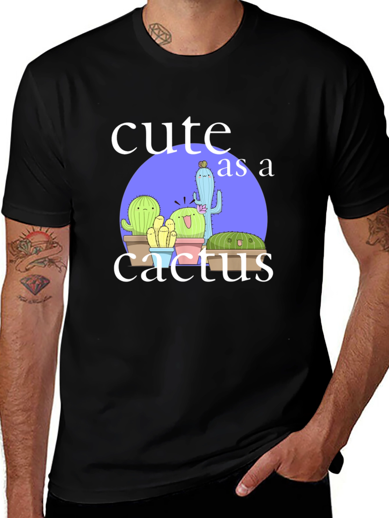 Cute Cactus Graphic Tee - Black Cotton T-Shirt