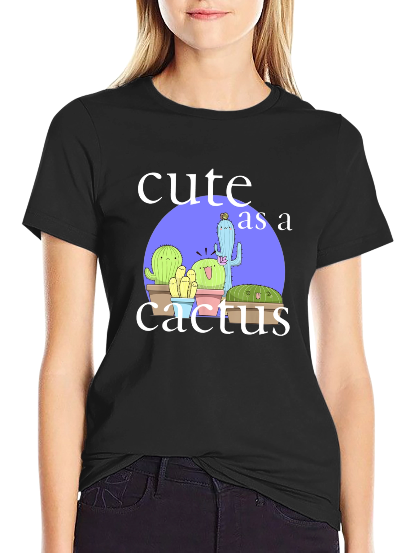 Cute Cactus Graphic Tee - Black Cotton T-Shirt