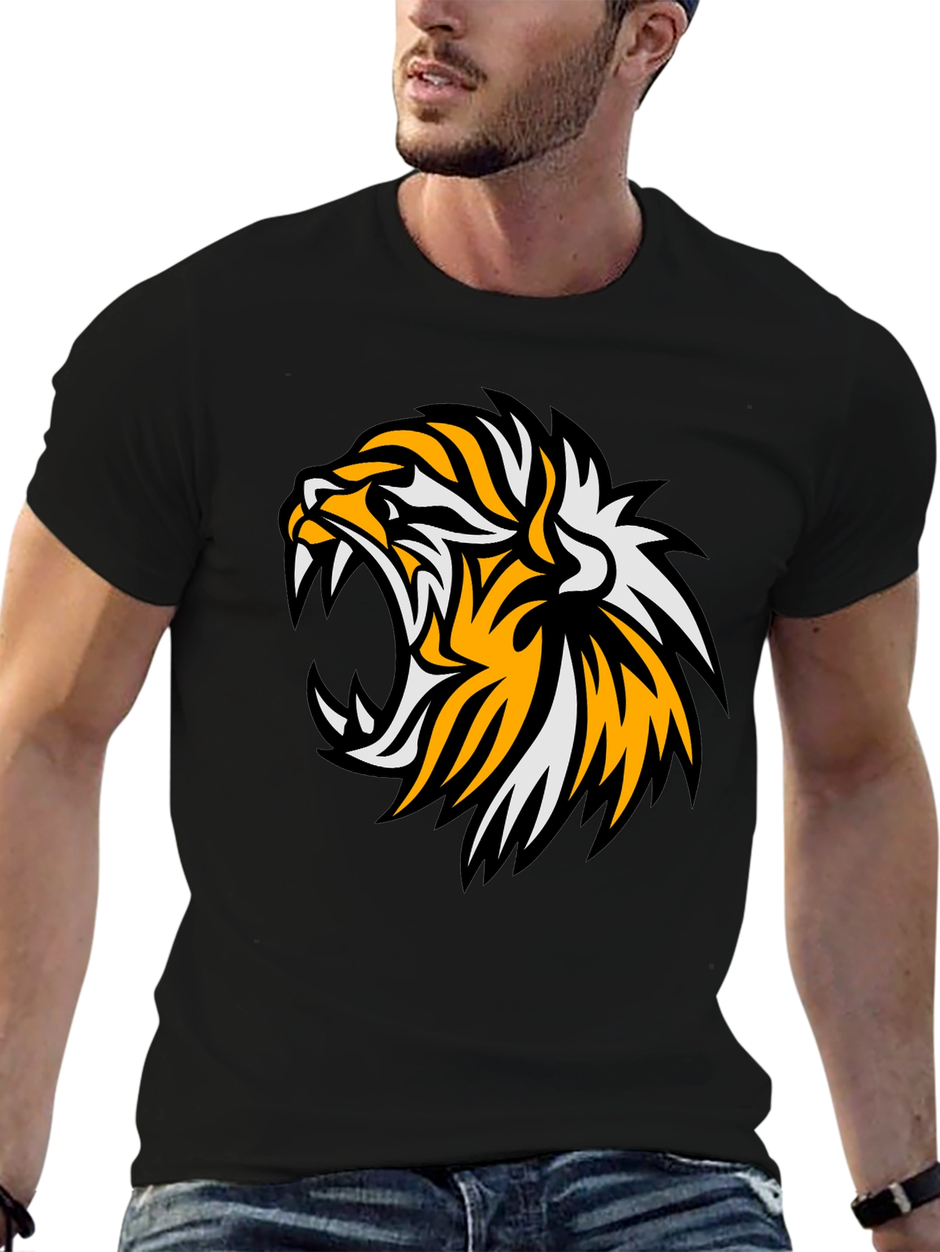 Bold Tiger Graphic Tee - Black Cotton T-Shirt