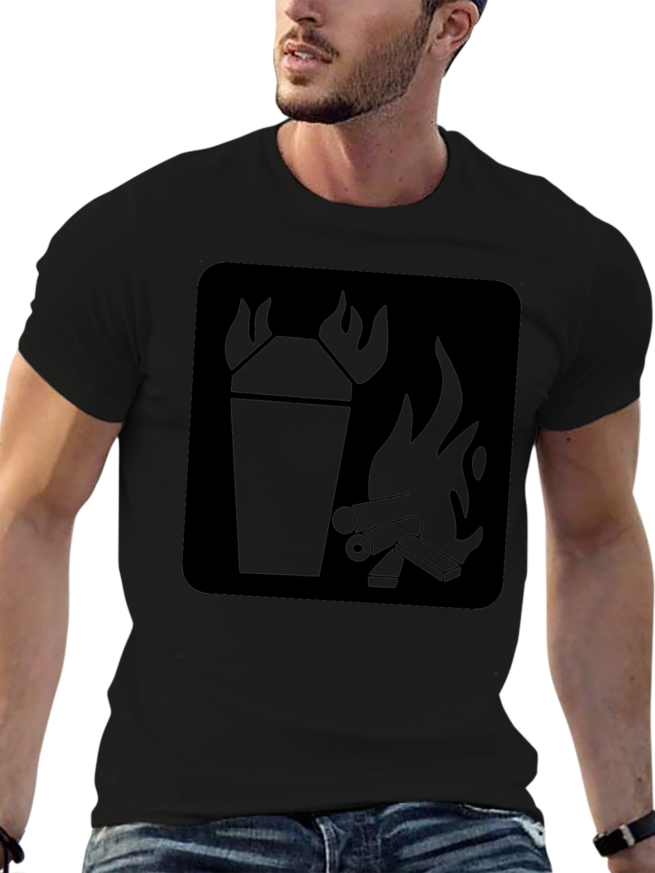 Black T-Shirt with Fire Symbol Graphic Print