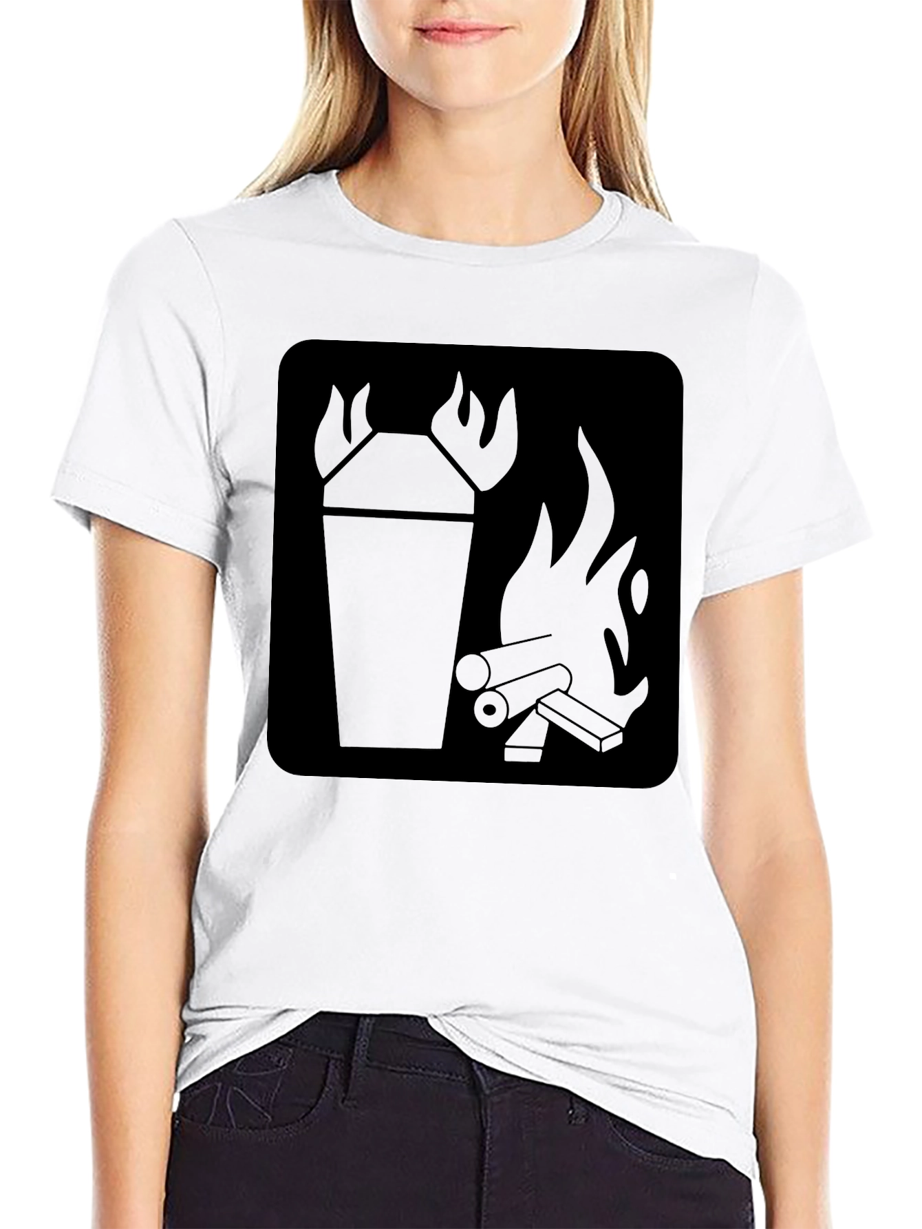 Black T-Shirt with Fire Symbol Graphic Print