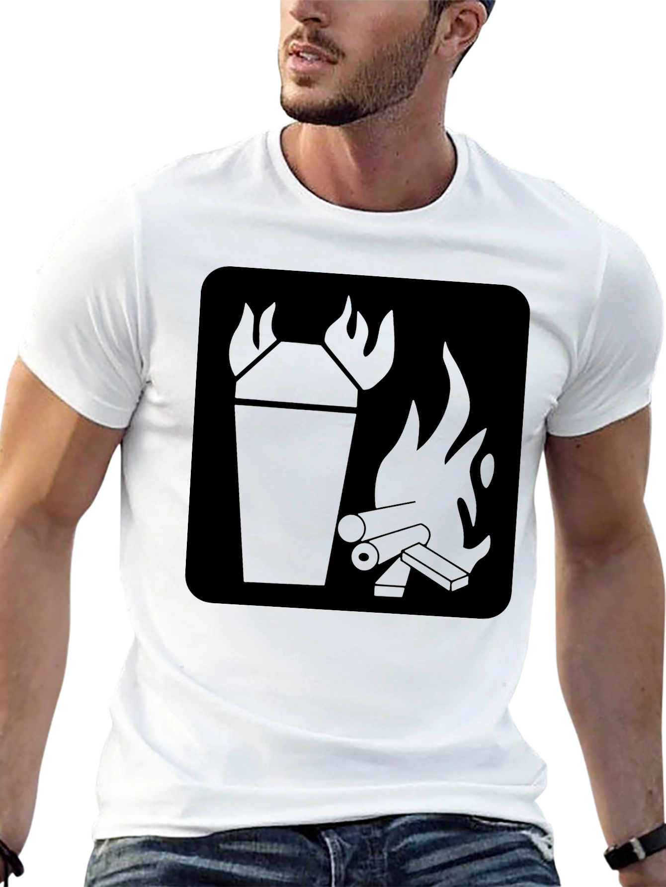 Black T-Shirt with Fire Symbol Graphic Print