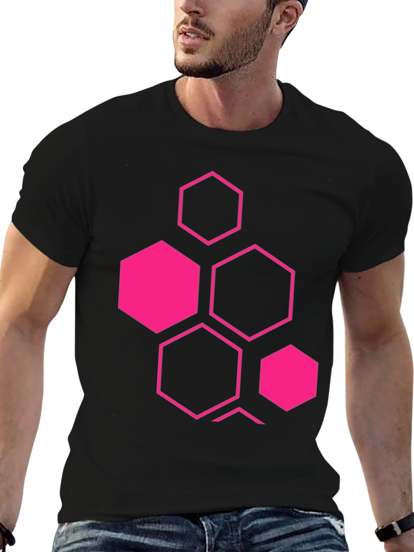 Geometric Hexagon Graphic Black T-Shirt