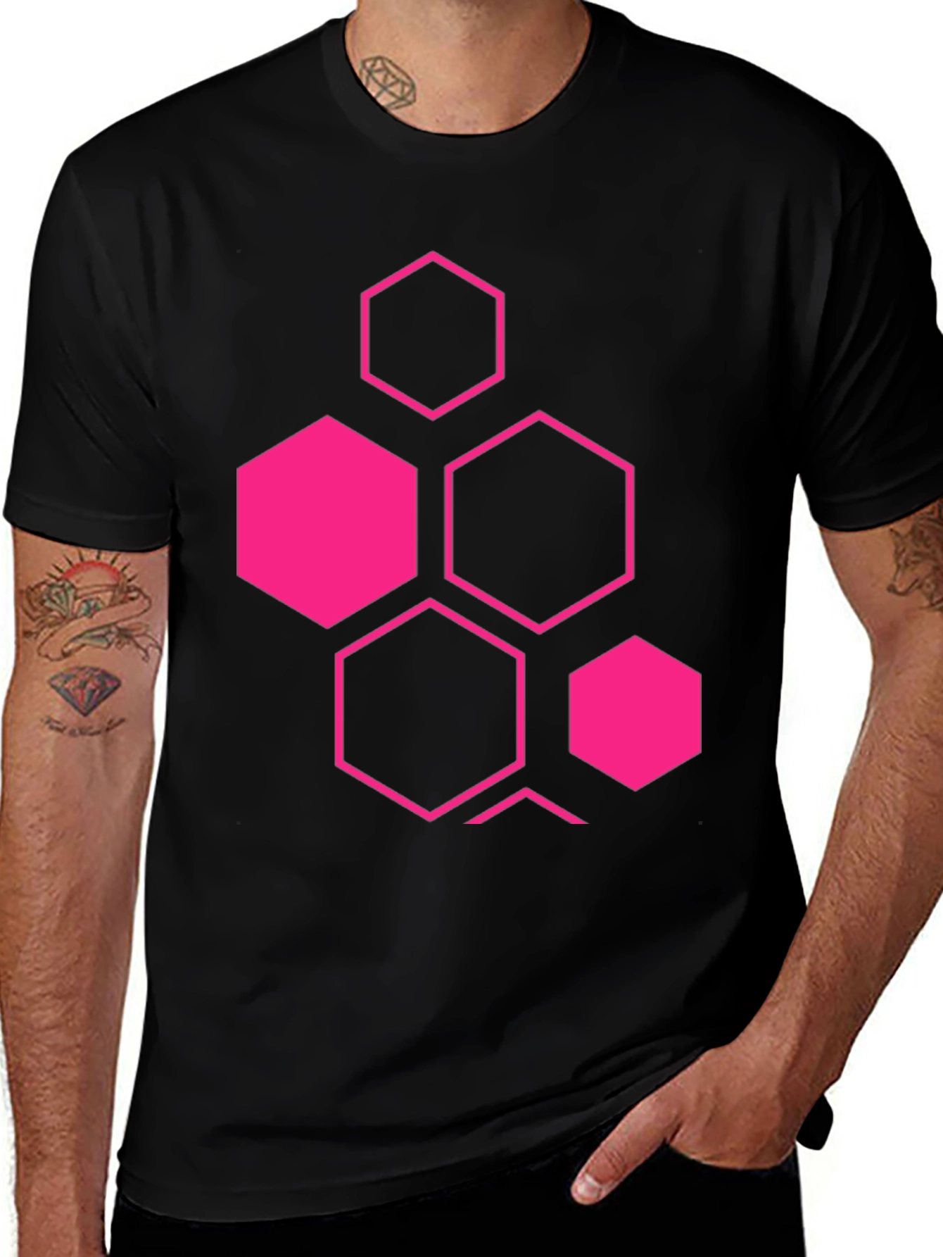 Geometric Hexagon Graphic Black T-Shirt