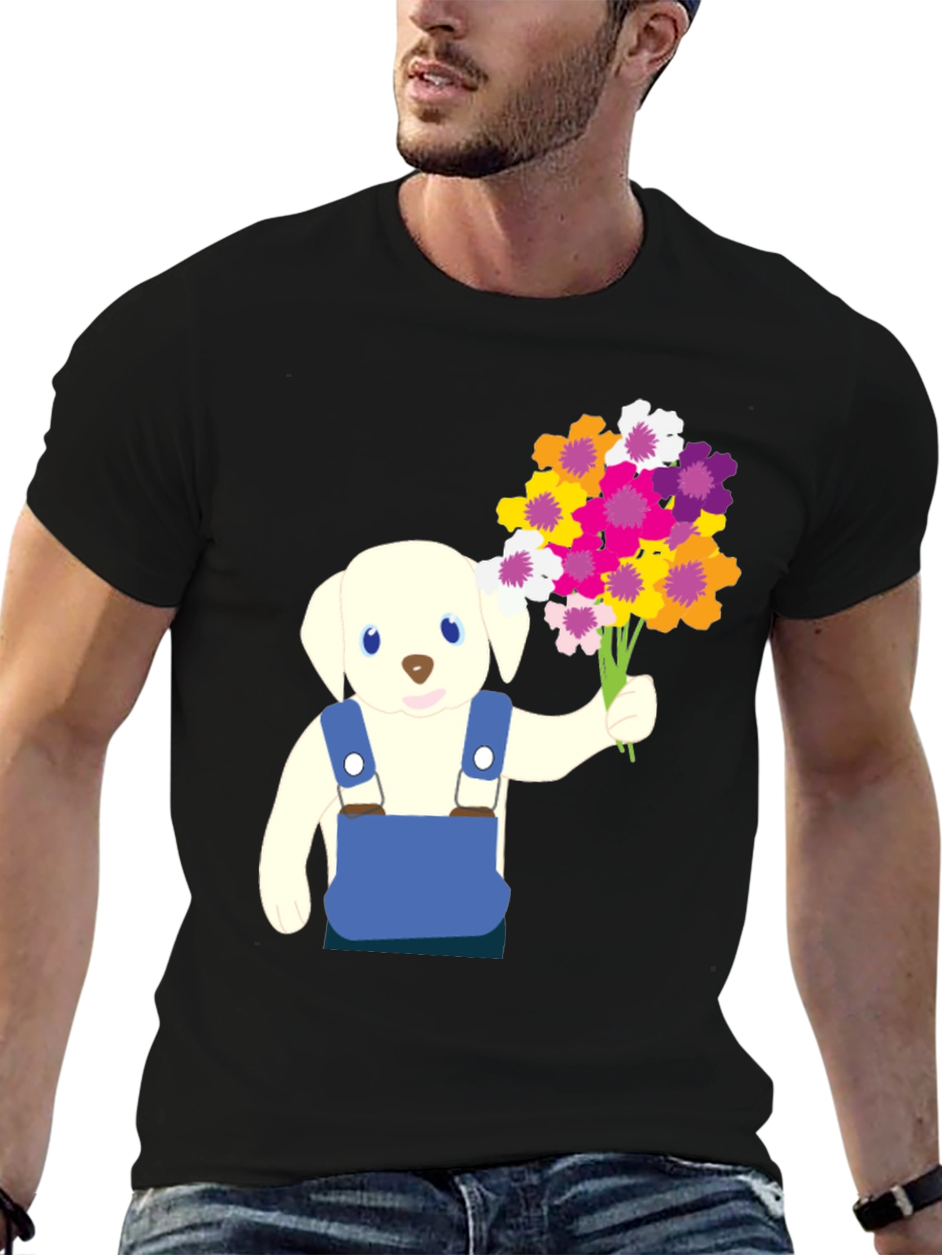 Puppy with Flowers Graphic Tee - Black