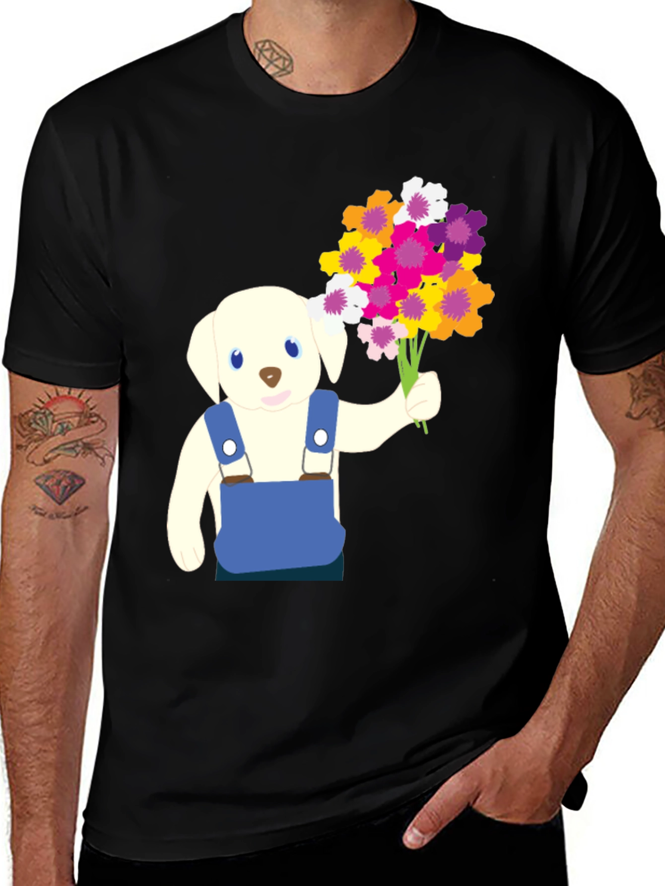 Puppy with Flowers Graphic Tee - Black