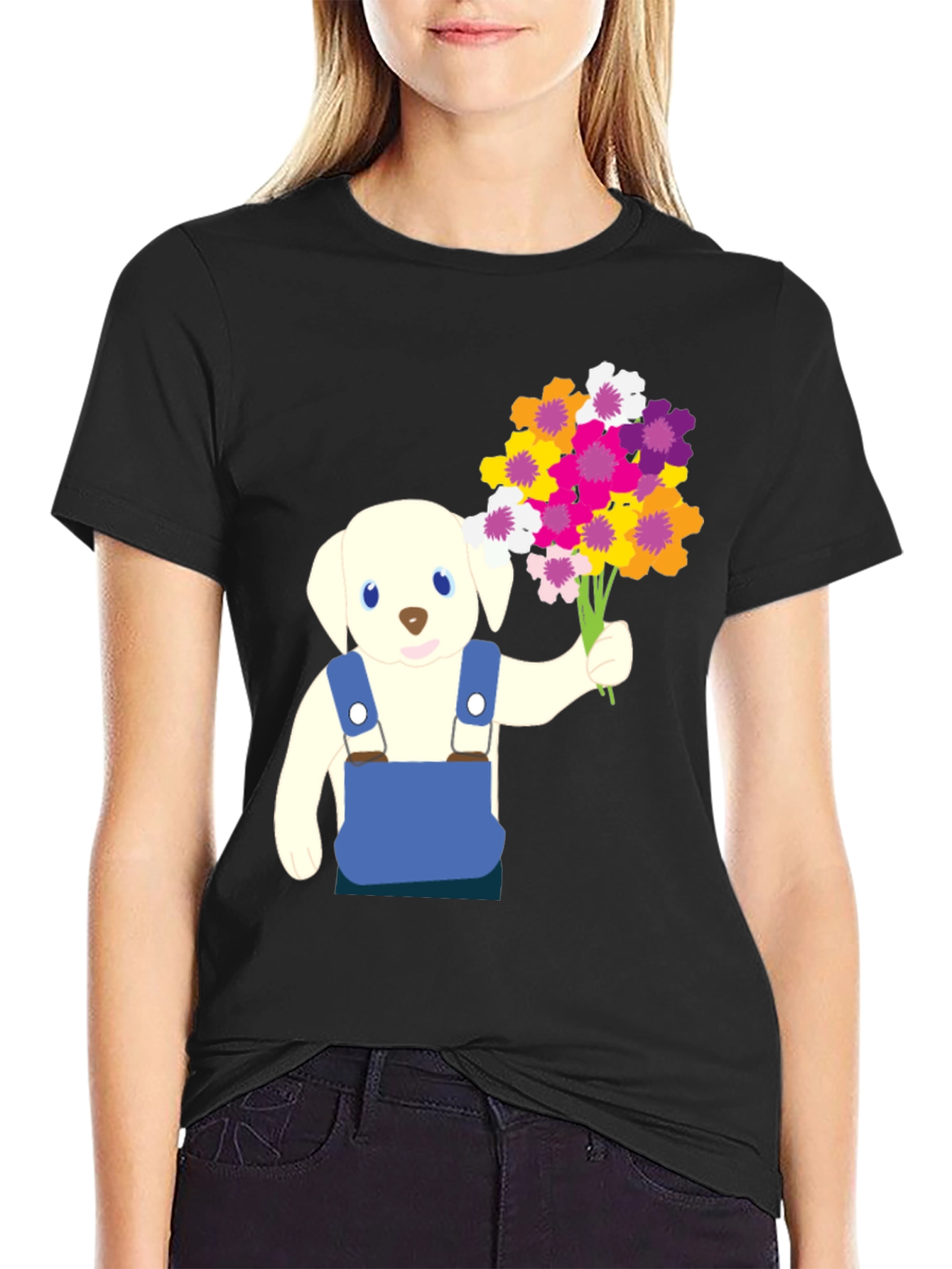 Puppy with Flowers Graphic Tee - Black