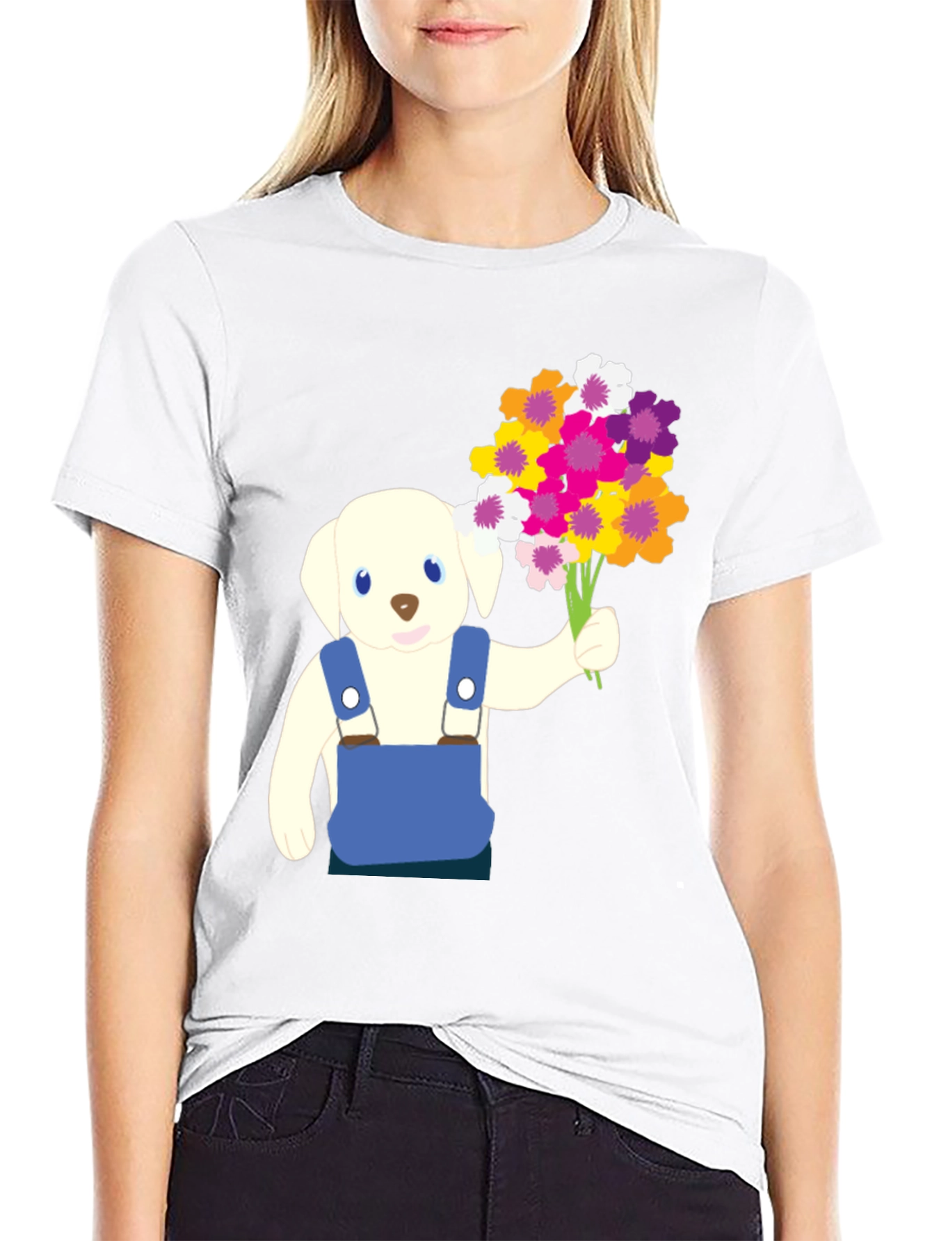 Puppy with Flowers Graphic Tee - Black