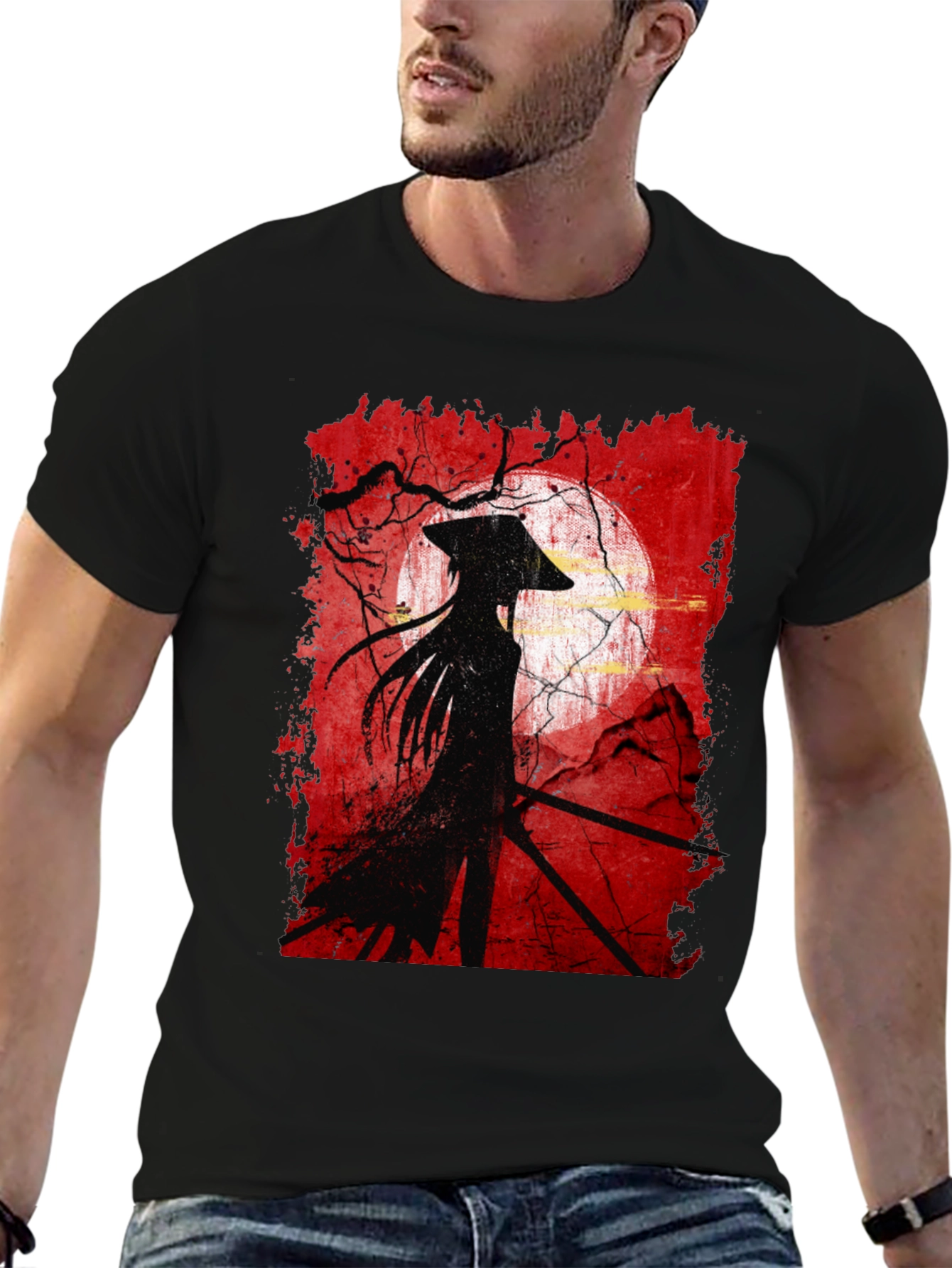 Samurai Silhouette Graphic Tee - Mens Black T-Shirt
