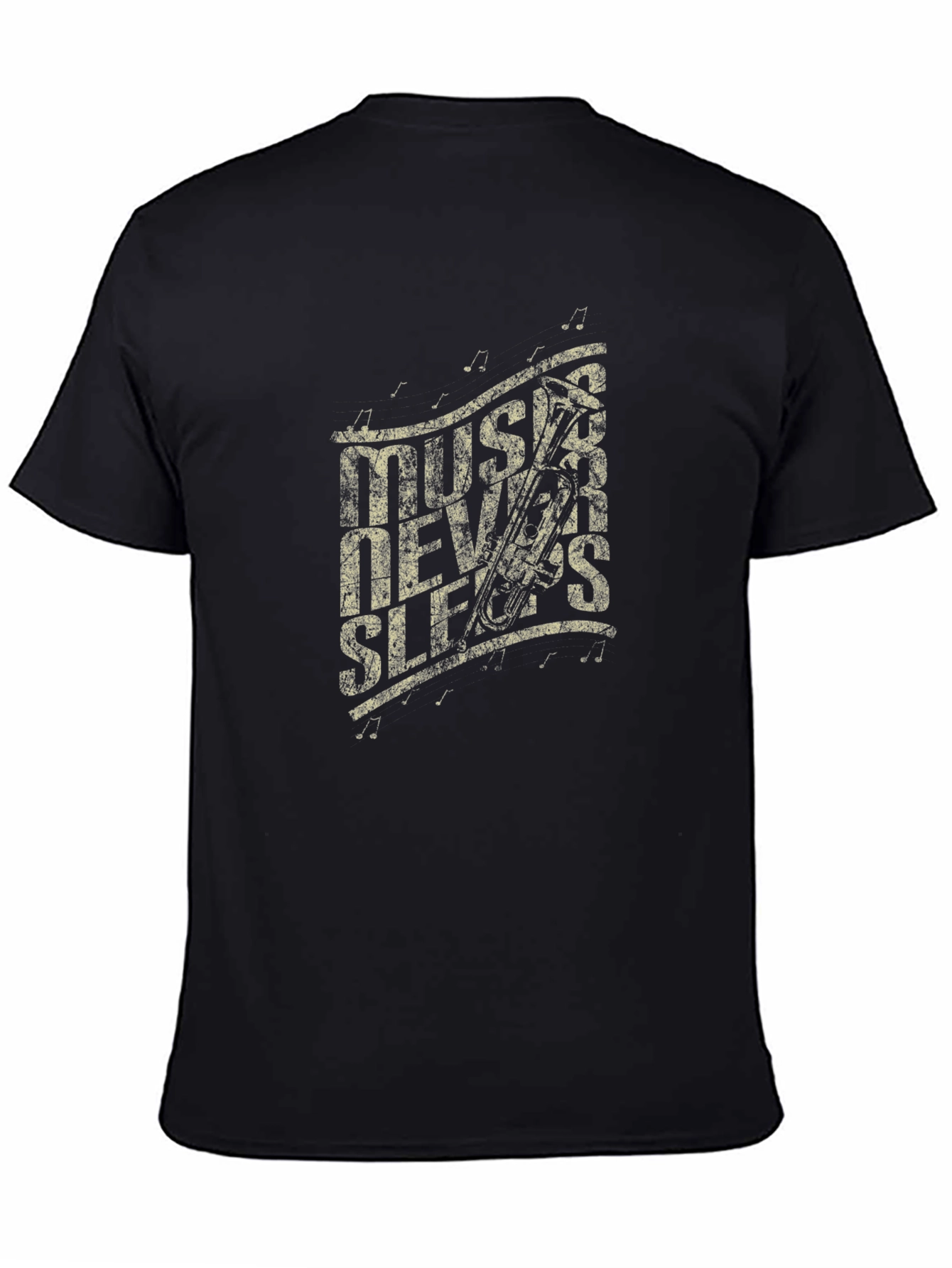 Music Never Sleeps Graphic Print Black T-Shirt