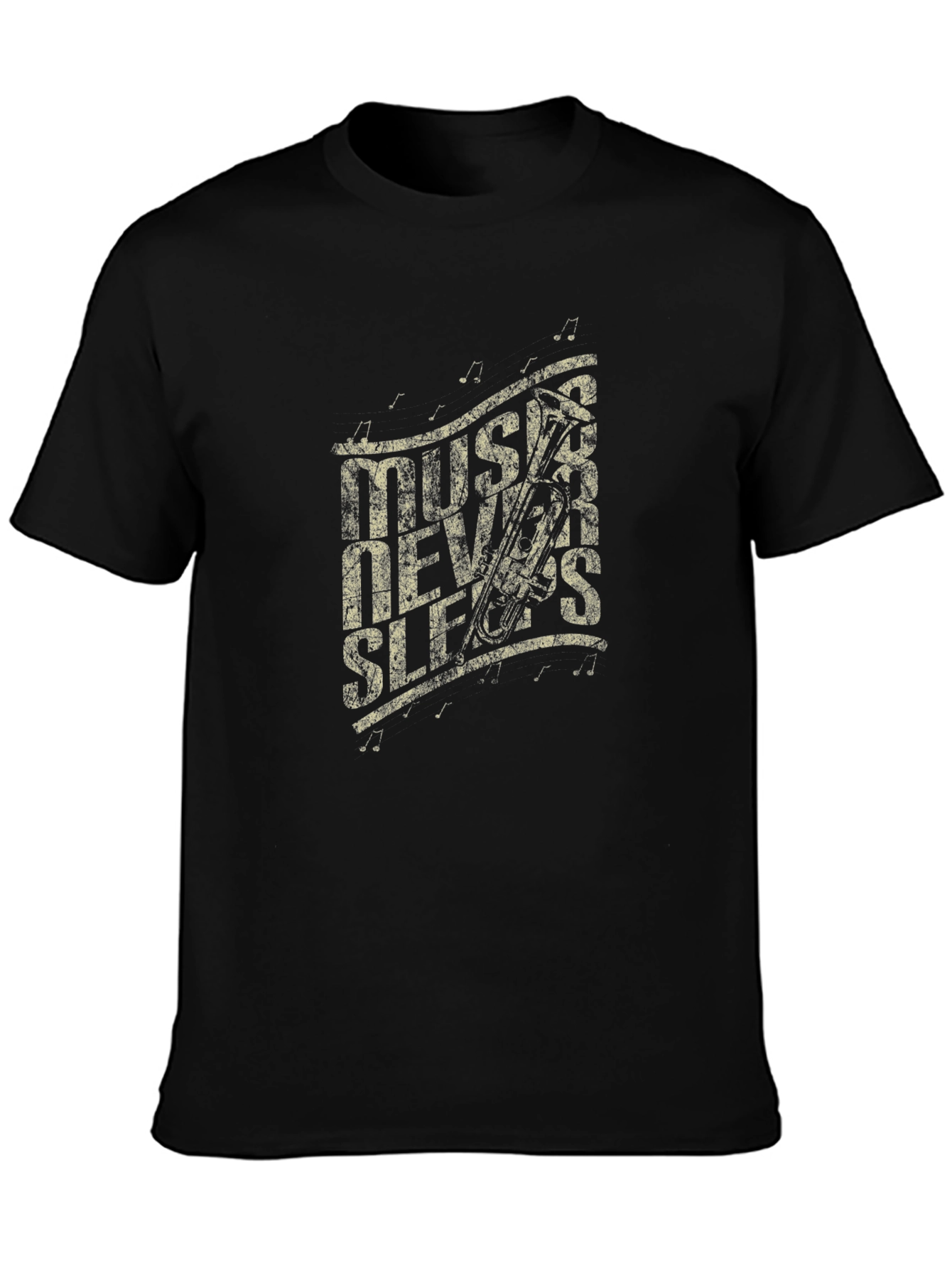 Music Never Sleeps Graphic Print Black T-Shirt