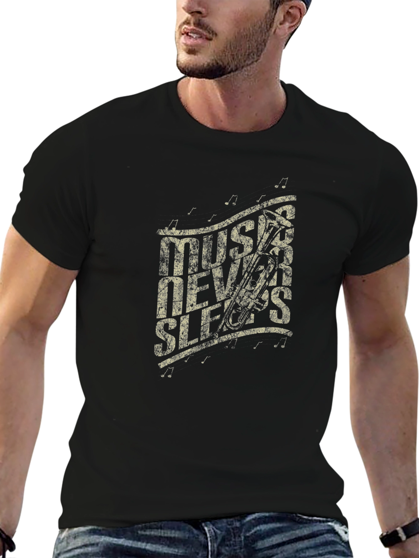 Music Never Sleeps Graphic Print Black T-Shirt