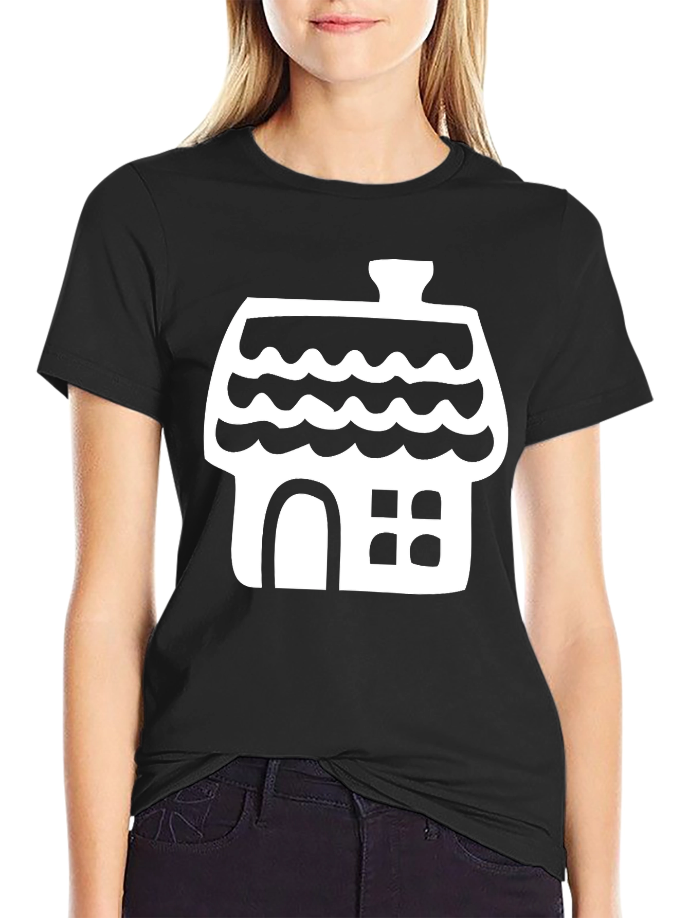 Whimsical House Graphic Tee - Black Cotton Comfort
