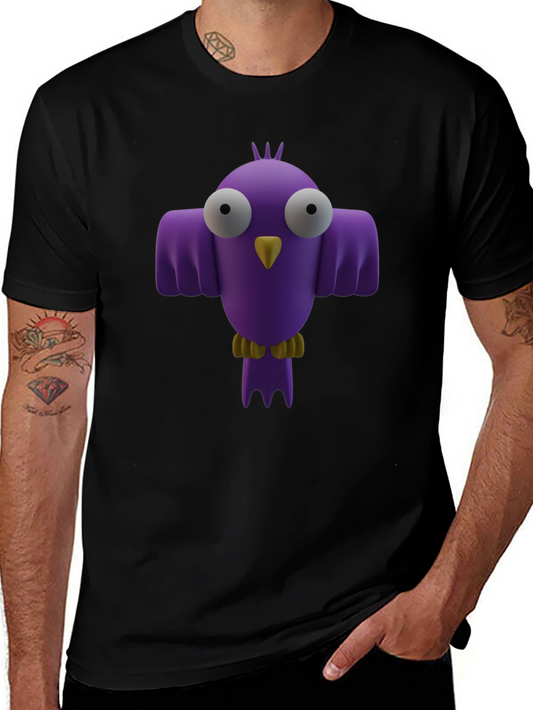 Whimsical Bird Graphic Tee - Black Cotton Shirt