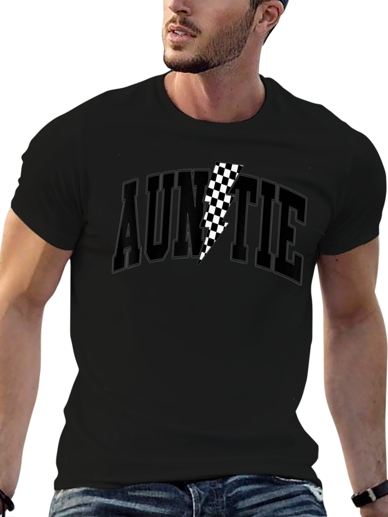 Auntie Black T-Shirt with Checkered Lightning Bolt