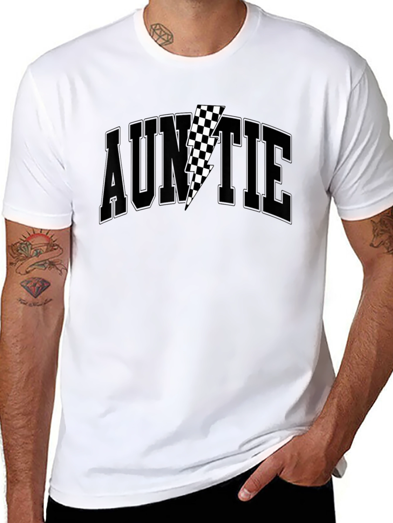 Auntie Black T-Shirt with Checkered Lightning Bolt