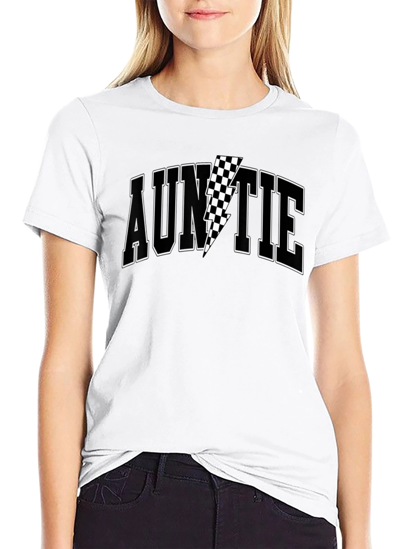 Auntie Black T-Shirt with Checkered Lightning Bolt